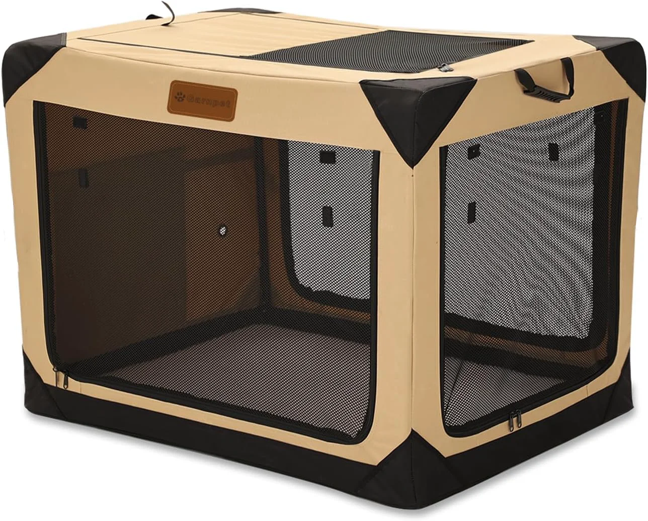 Prestigious Garnpet 36-Inch Collapsible Soft Dog Crate for Large Dogs – 4-Door Foldable Travel Kennel Beige Convenient