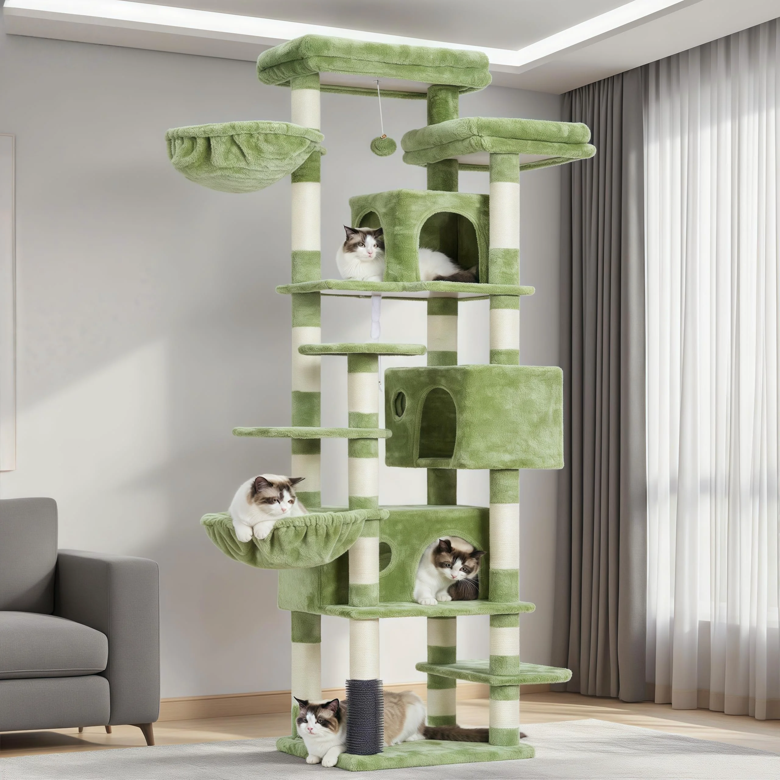 Elite Hey-brother Cat Tree MPJ035-MGR 74-Inch XL Multi-Level Cat Tower with 3 Condos 2 Top Decks Green Safe