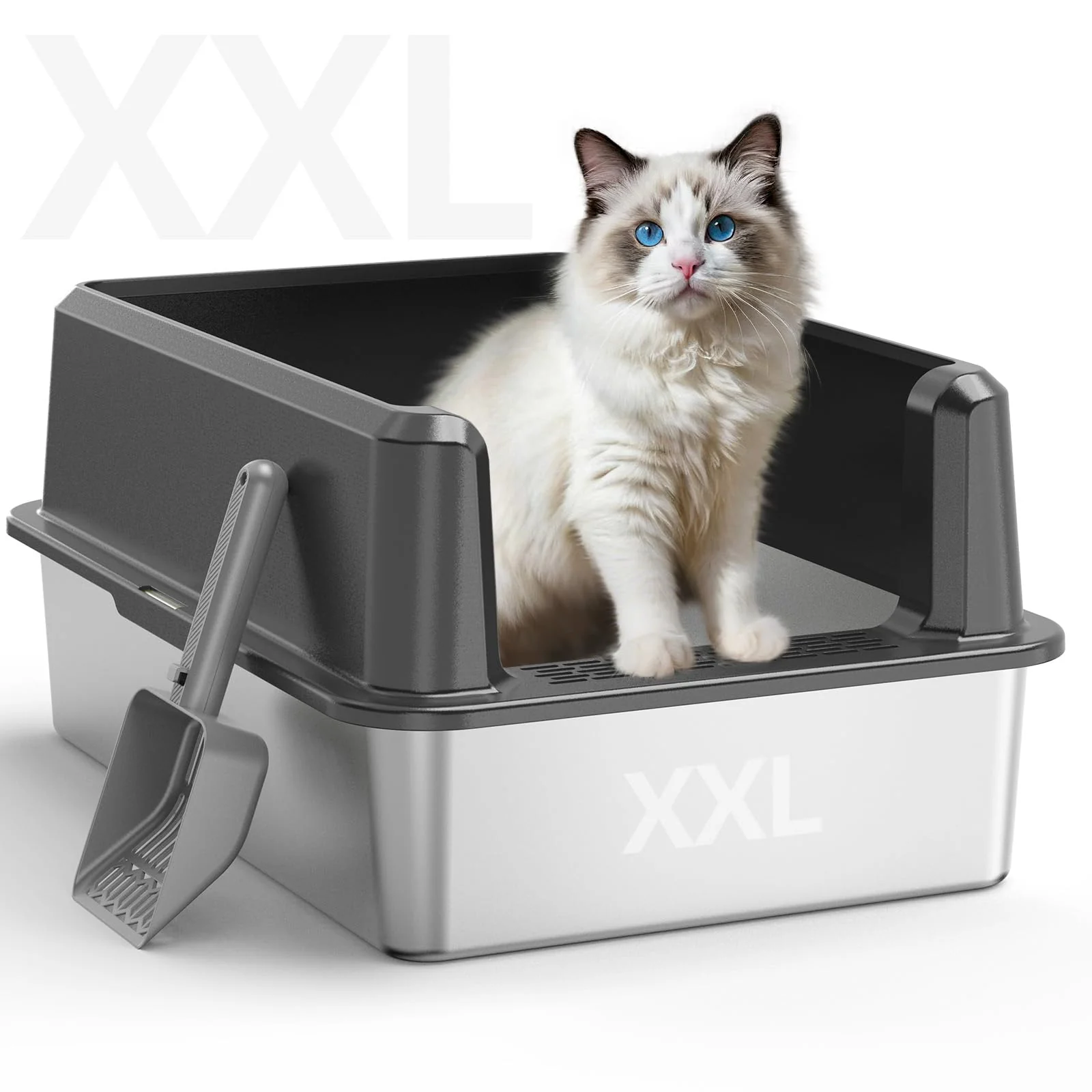 High-End WoofiGo XL Enclosed Stainless Steel Cat Litter Box – High-Sided Odor-Resistant Includes Scoop 65-Darkgray Practical