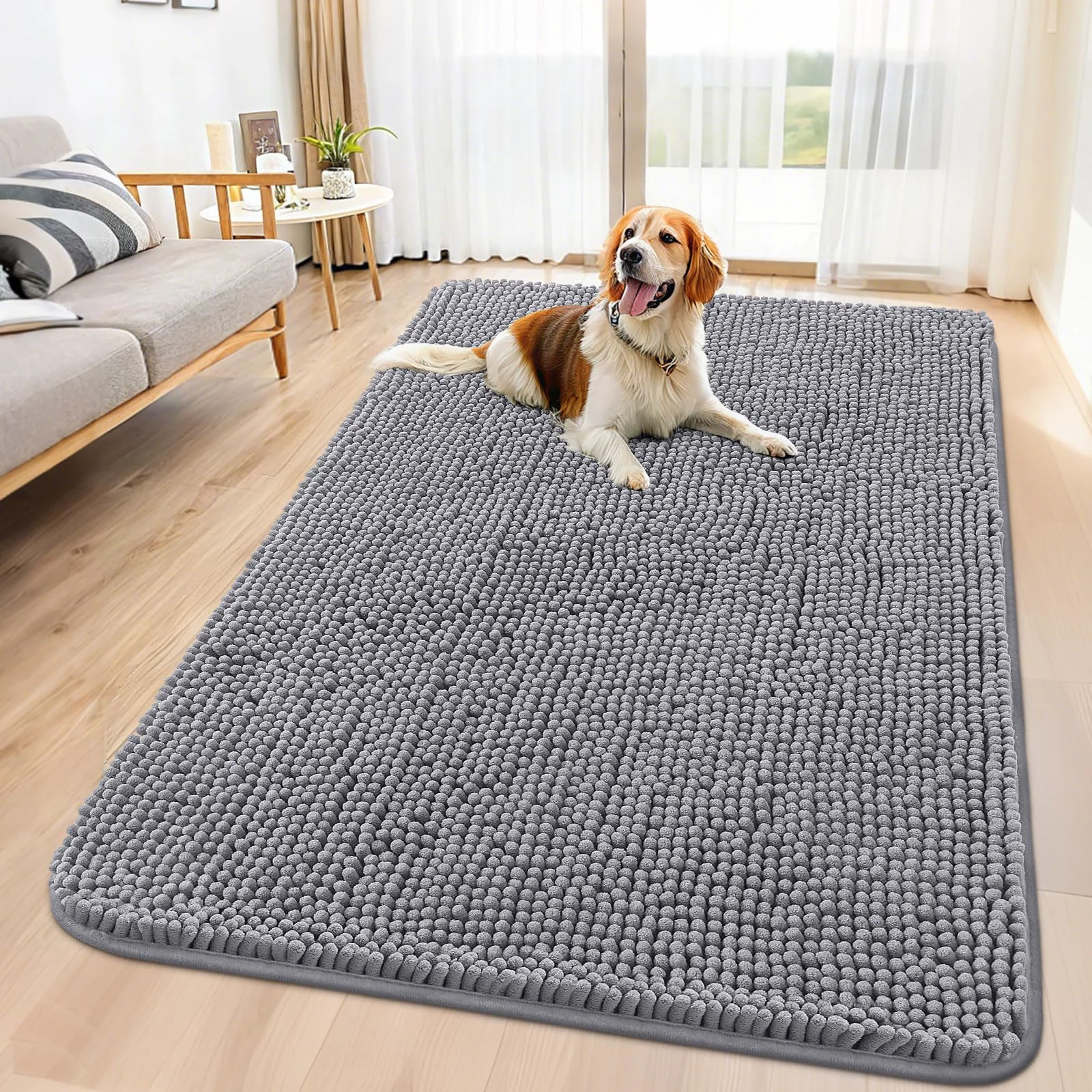 Natural Smiry Dog Door Mat for Muddy Paws 59x35 Absorbs Moisture Dirt Non-Slip Quick-Dry Chenille – Grey Dependable