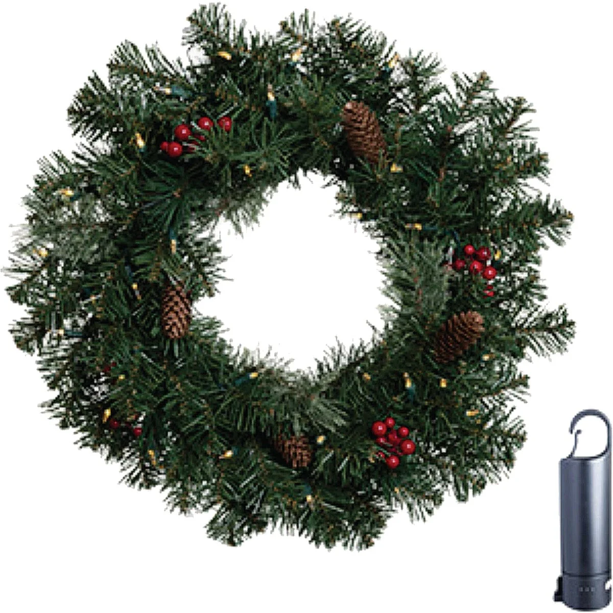 Official Holiday Bright Lights 24 In. Warm White Multi Rechargeable LED Mixed Pine Wreath with Power Bank Secure