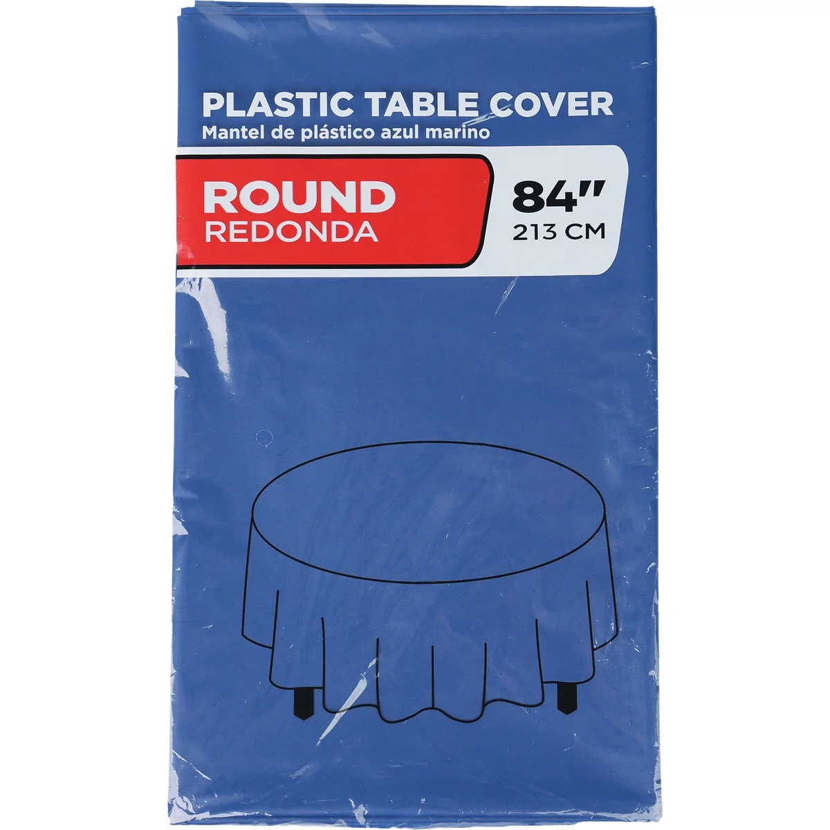 Elite 84 In. Navy Round Plastic Table Cover Easy-to-Use