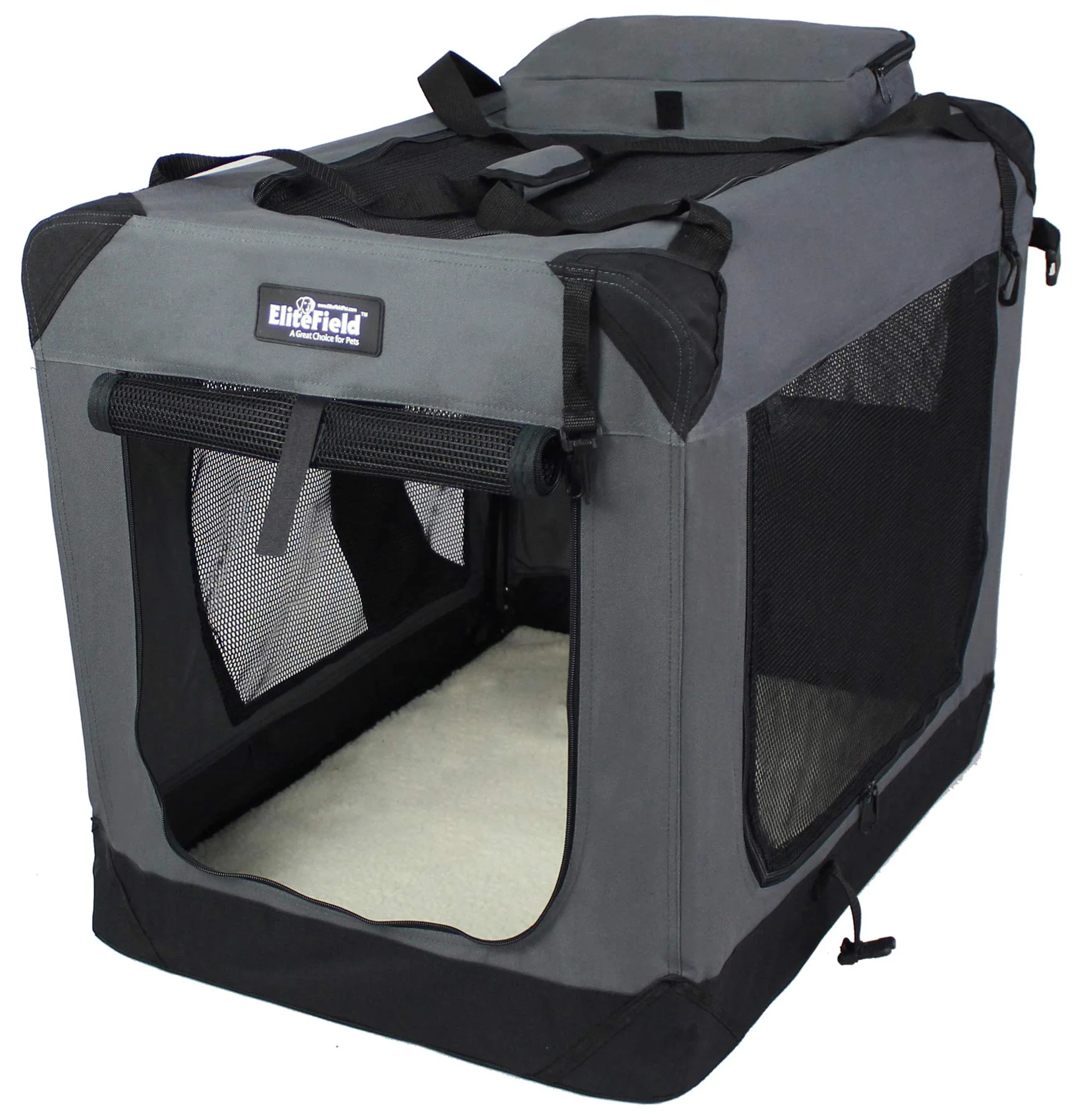 Effective EliteField 42-inch 3-Door Folding Soft Dog Crate with Carrying Bag Fleece Bed Indoor Outdoor Pet Home Gray Advanced