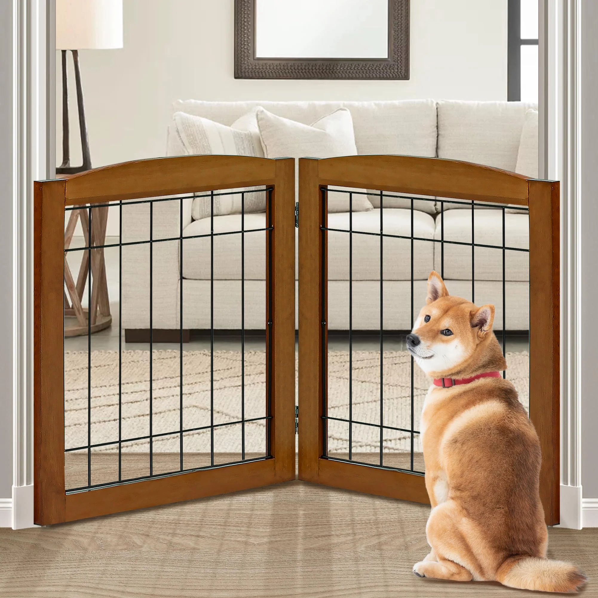 Professional LZRS 2-Panel standing Foldable Wood Dog Gate – Cherry Finish Indoor Barrier Selected