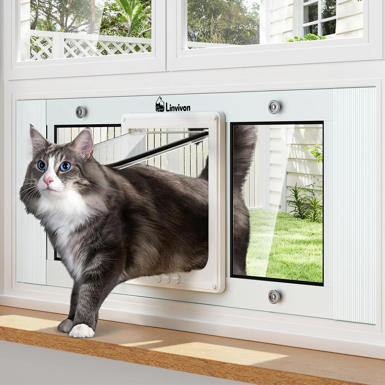 Refined Linvivon Cat Door for Window - Adjustable 31-36in 4 Locking Modes Magnetic Closure Convenient