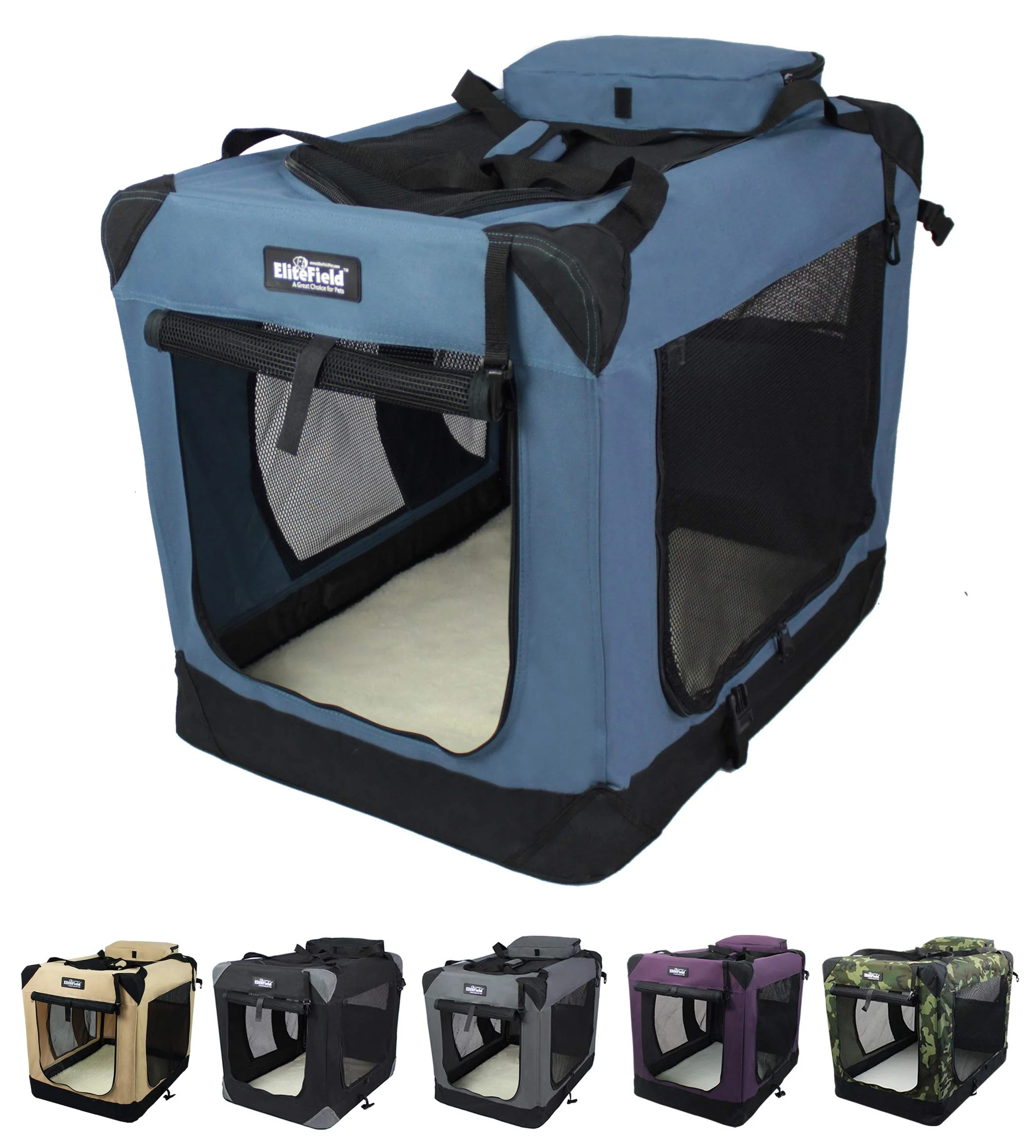 EliteField 3-Door Folding Soft Dog Crate with Carrying Bag Fleece Bed 30 x 21 x 24 in Blue Gray 2-Year Warranty Next-Generation