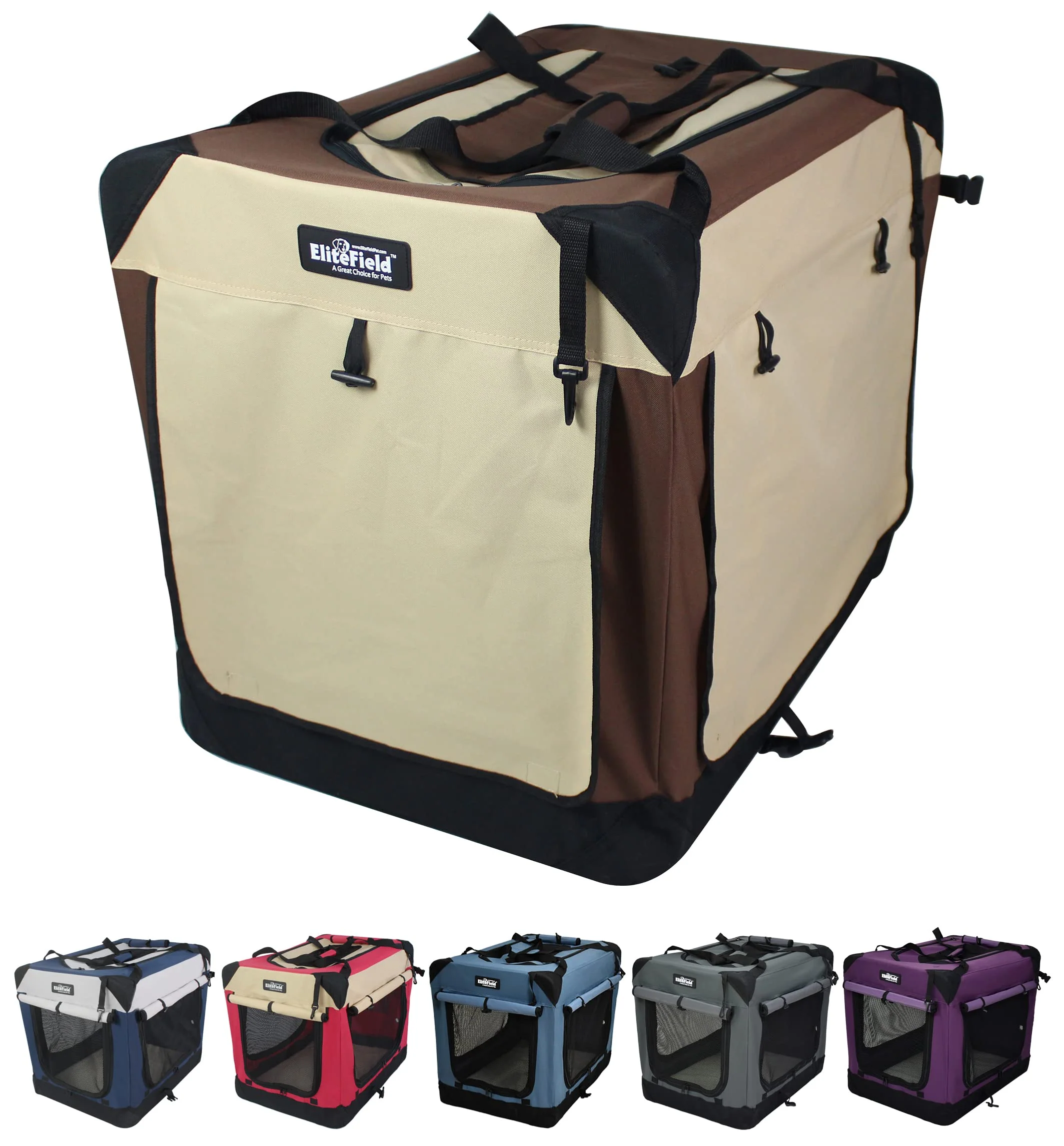 Powerful EliteField 4-Door Folding Soft Dog Crate with Curtains Carrying Bag Fleece Bed — 36 in L x 24 in W x 28 in H 2-Year Warranty Elegant