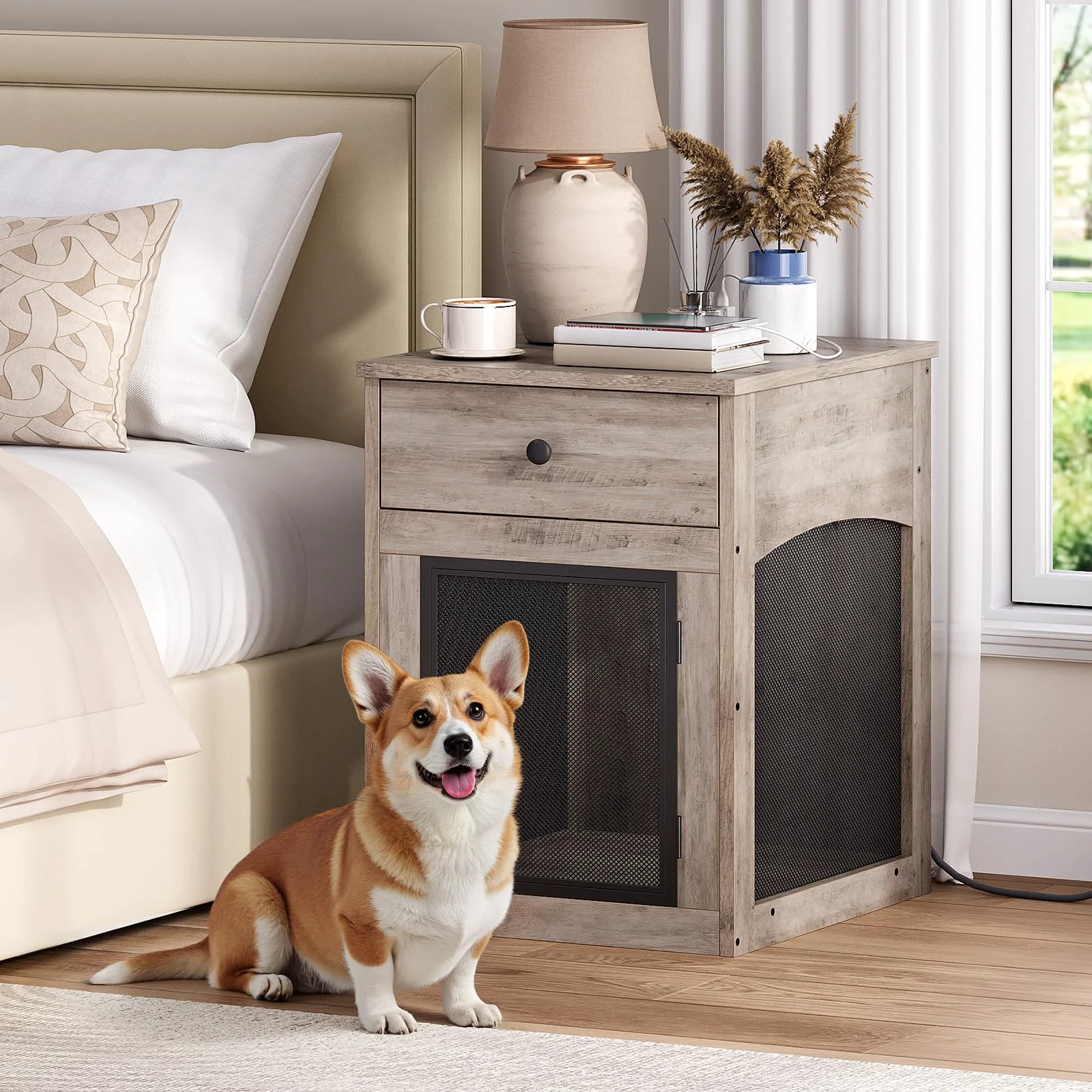 Solid HOOBRO Dog Crate Furniture with Charging Station – Small Dog End Table BG58UGW03G1 Elegant