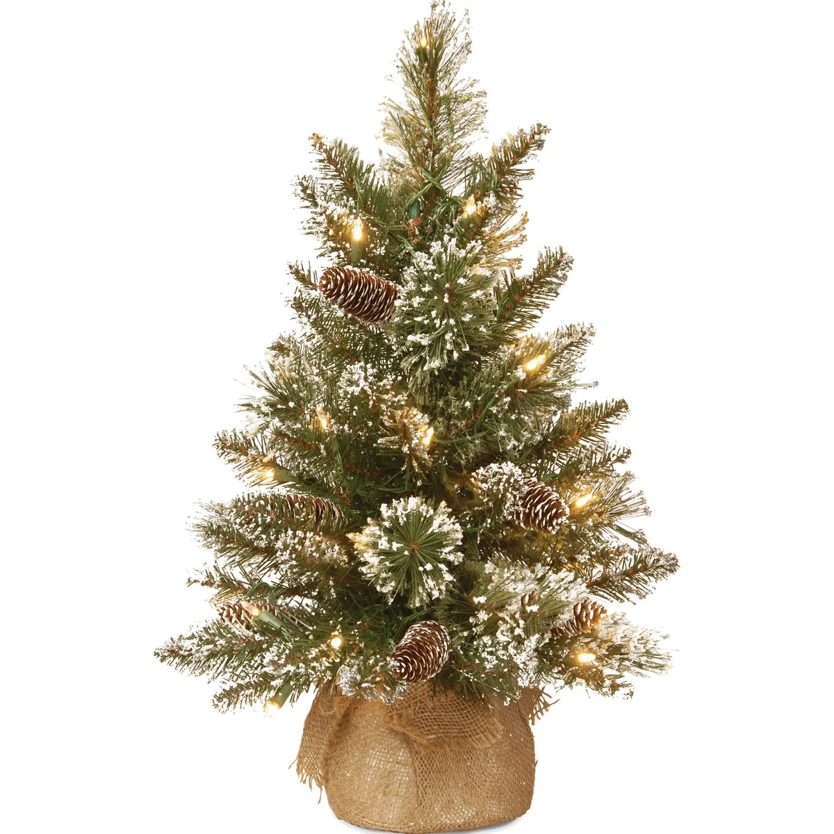 Healthy National Tree Company 2 Ft. Warm White LED Glittery Bristle Pine Burlap Tree Fine