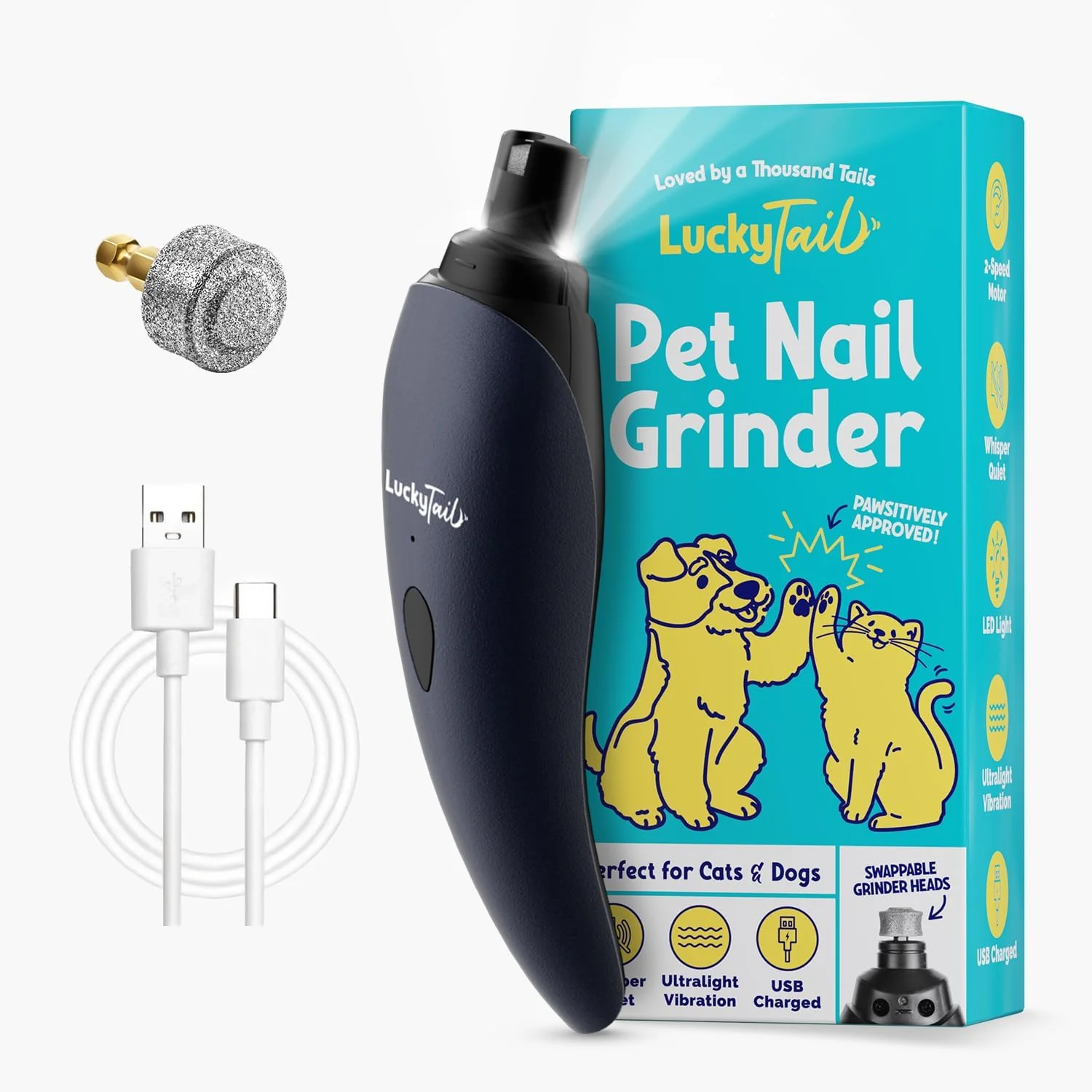 Exclusive LuckyTail Pet Nail Grinder for Dogs and Cats - Super Quiet and Low Vibration Electric Dog Nail Grinder with 2 LED Lights - USB Rechargeable and Cordless - 2 Speeds - Small to Large Pets - Dark Blue Outstanding