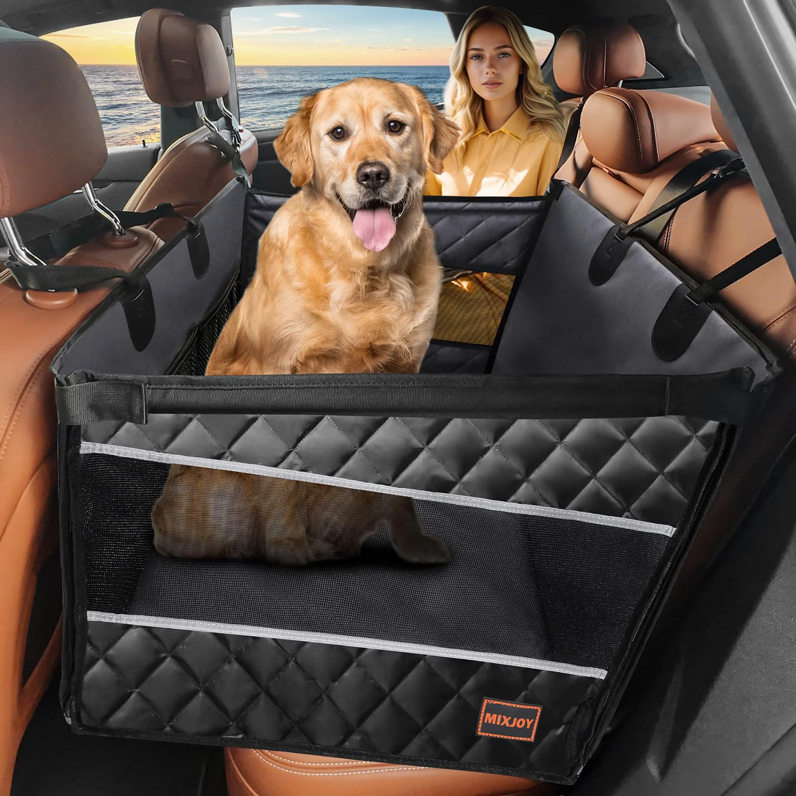 Natural MIXJOY Dog Car Seat for Large Medium Dogs — Back Seat Extender Waterproof Hammock Expertly Made