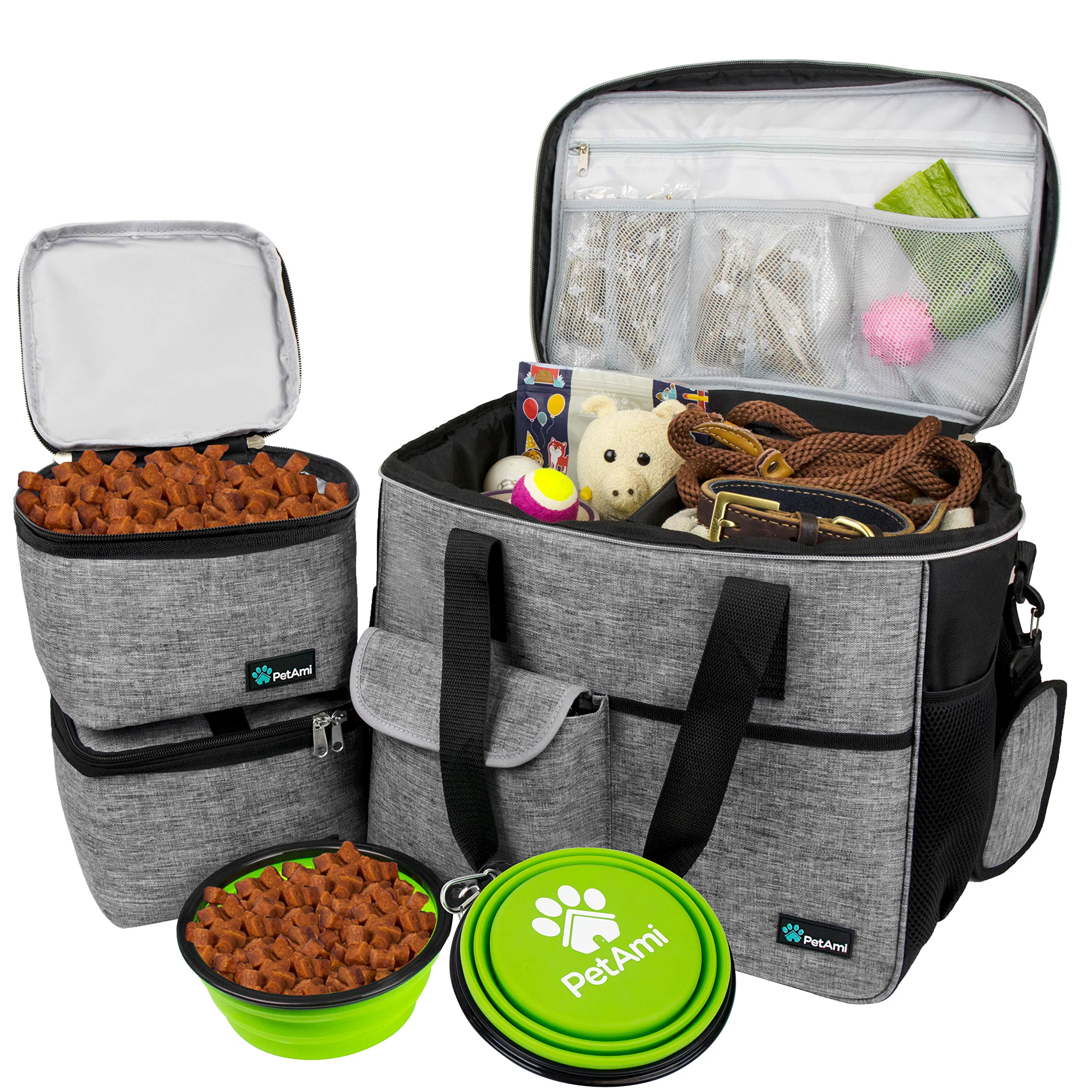 Functional PetAmi Dog Travel Bag - Travel Organizer with Food Containers Bowls Grey Large Premium