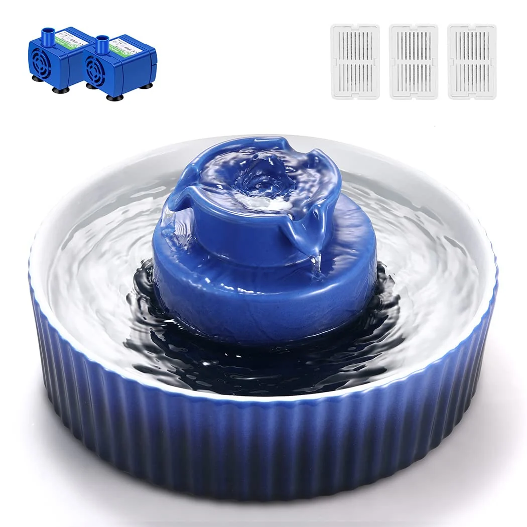 High-Performance Wonder Creature Ceramic Cat Water Fountain 2.1L 71oz with 3 Filters 2 Pumps — Dark Blue Reliable