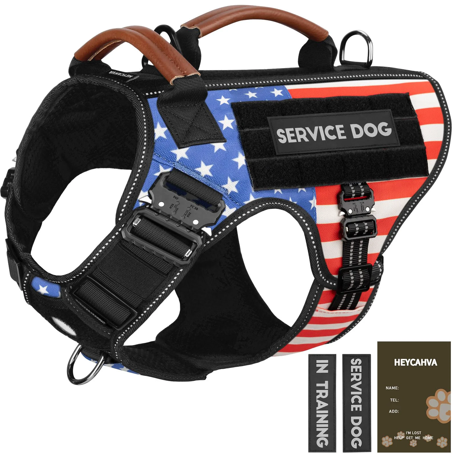 Safe HEYCAHVA Service Dog Vest - Tactical Harness with Metal Buckles Leather Handles Reflective No-Pull for Hiking Training Flag M Elite