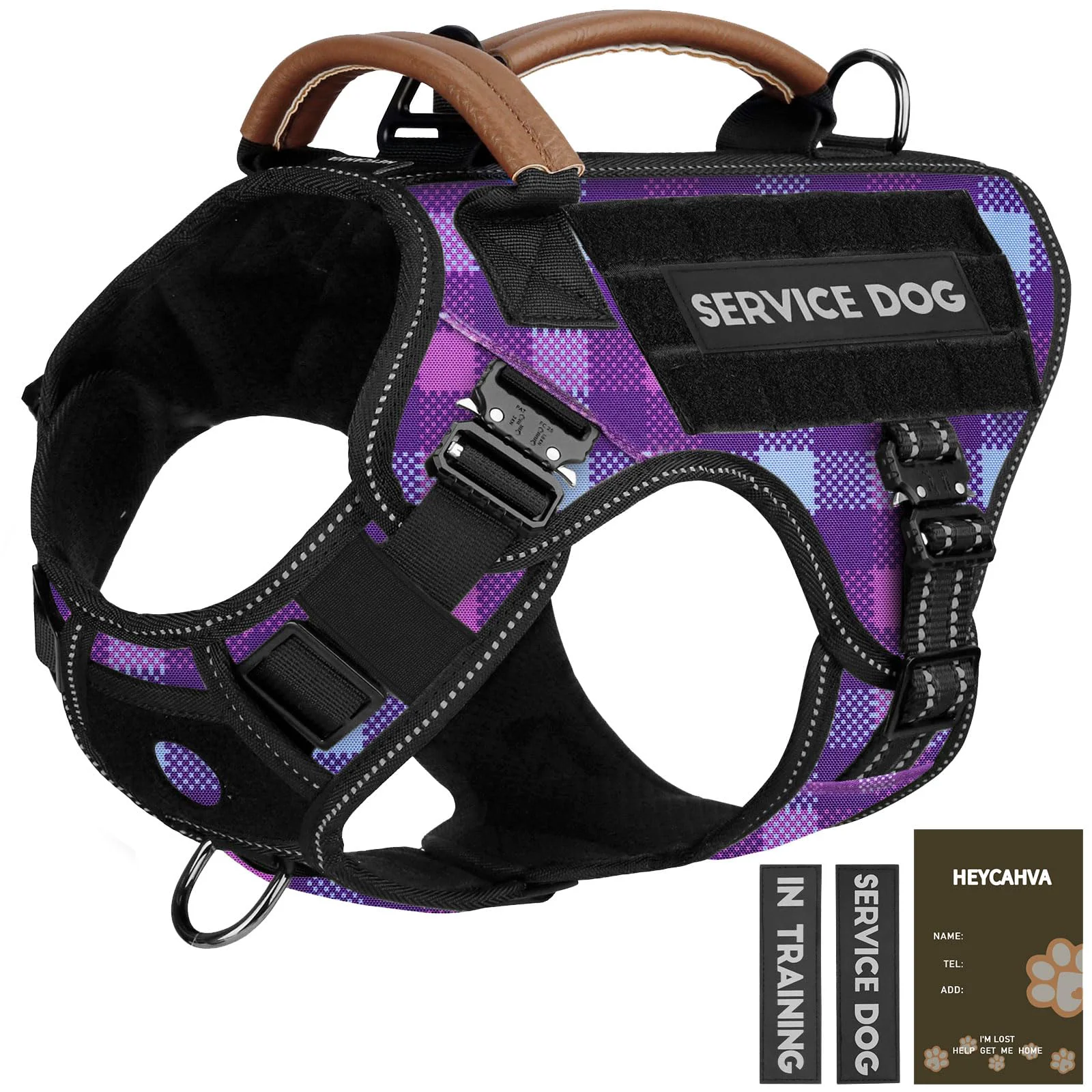 Consistent HEYCAHVA Service Dog Harness - Full Metal Buckles Leather Handle No-Pull Reflective Purple M Responsible