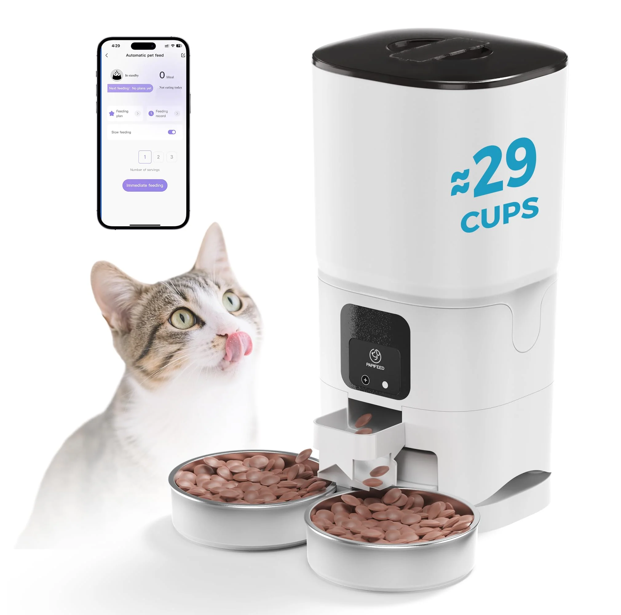 High-Performance PAPIFEED Automatic Cat Feeder for 2 Cats 7L Dual Bowls 2.4G WiFi App Control Functional