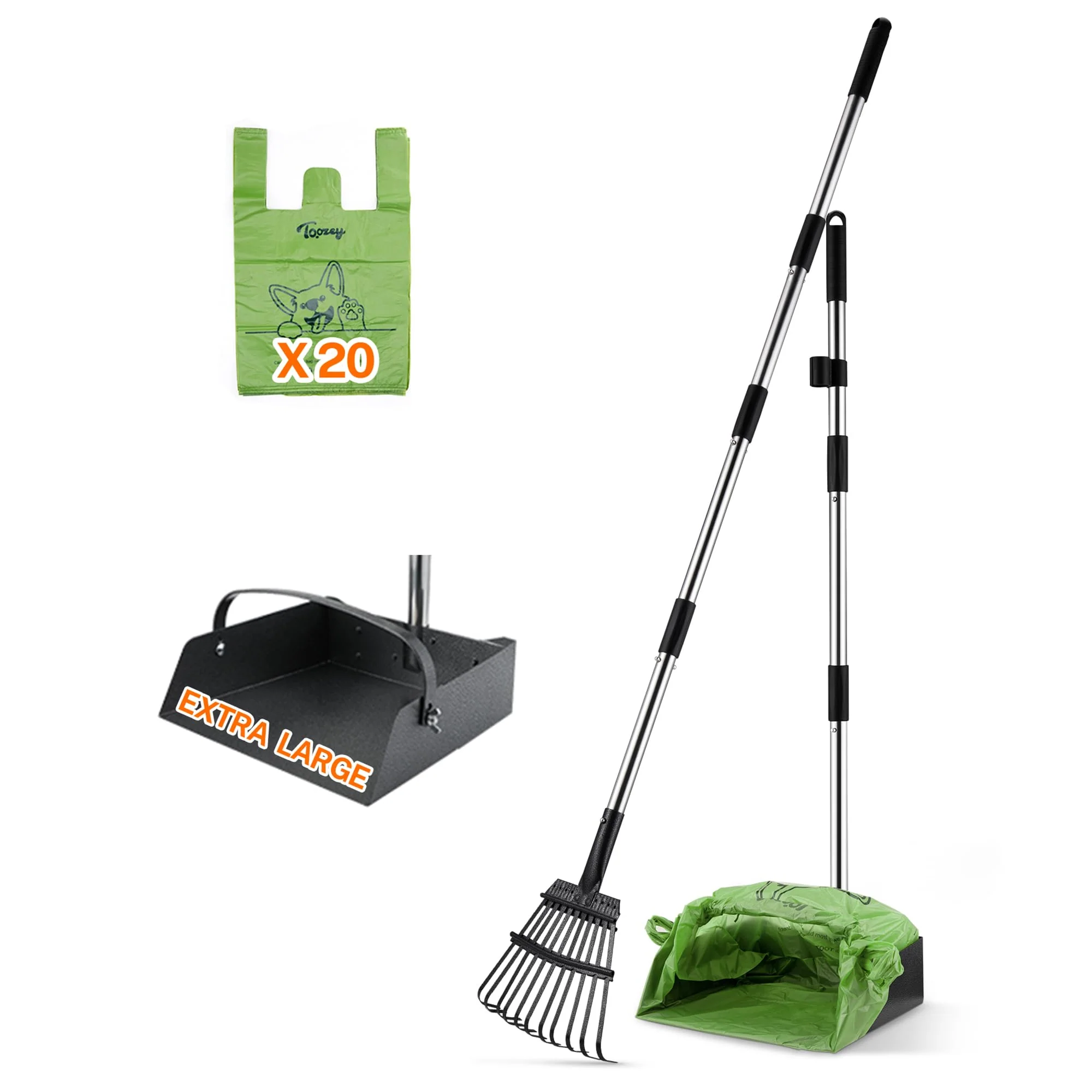 Detailed Toozey Dog Pooper Scooper - Extra Large Stainless Steel Tray 54-Inch Handle Includes 20 Bags Top-Quality