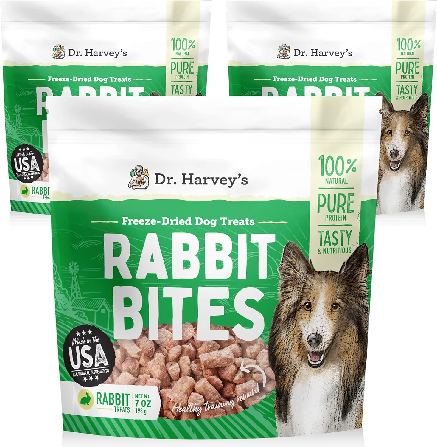 Reusable Dr. Harvey's Rabbit Bites ze-Dried Raw Dog Treats - Single Ingredient All-Natural Rabbit Meat Protein for Dogs Allergen- - 7 Ounces 3 Pack Classic