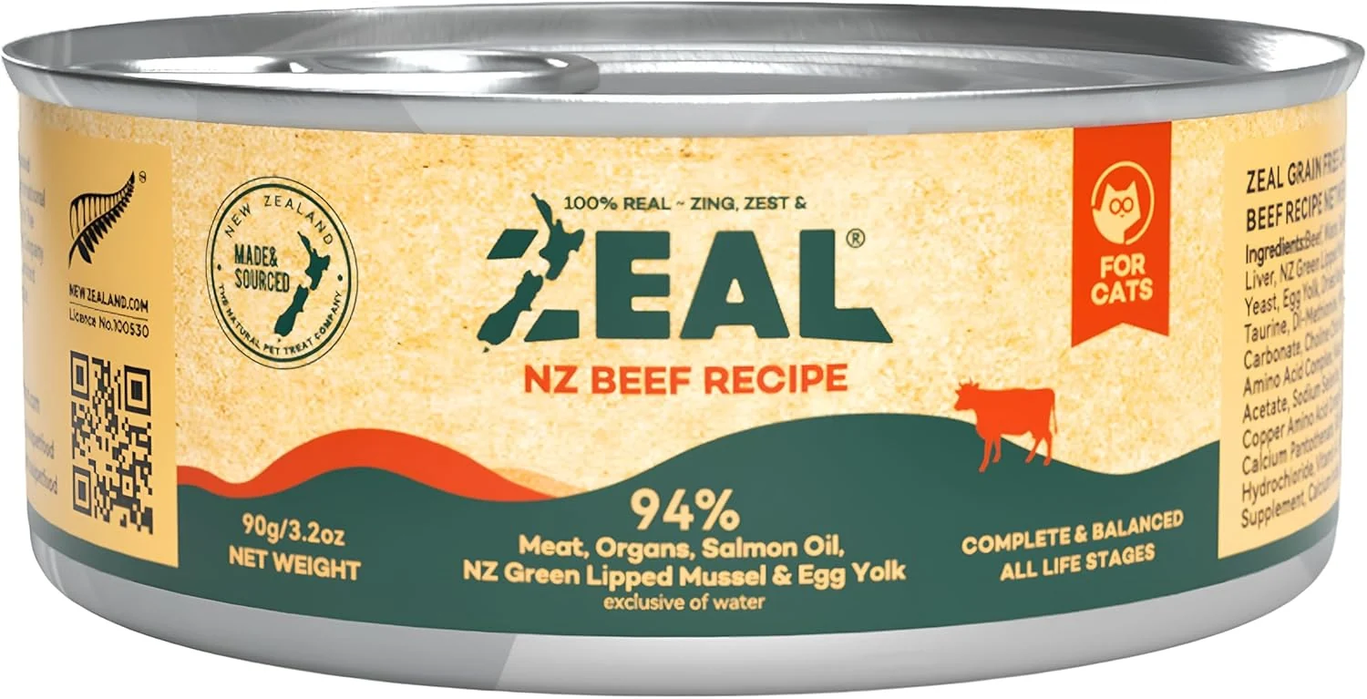 Fine Crafted ZEAL New Zealand Wet Cat Food – High Protein Grain- with Superfoods Beef 3.17oz Can 24-Pack Genuine