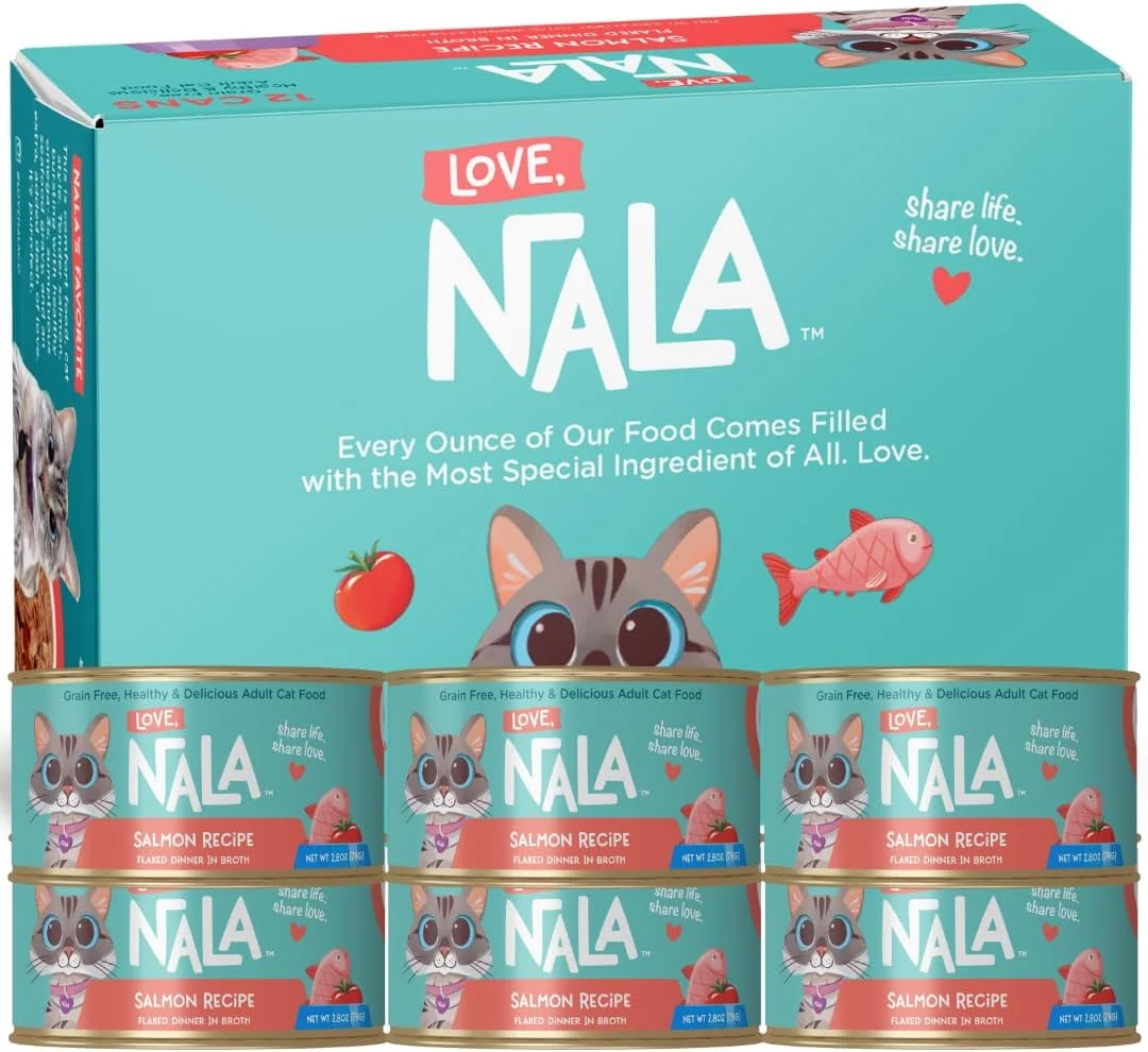 Exclusive LOVE NALA - Natural Adult Cat Wet Food - FLAKED Salmon in Broth - Grain Non-GMO Lean Protein with Omega 3 Added Minerals Vitamins - 12 Pack 2.4 lbs. Flexible