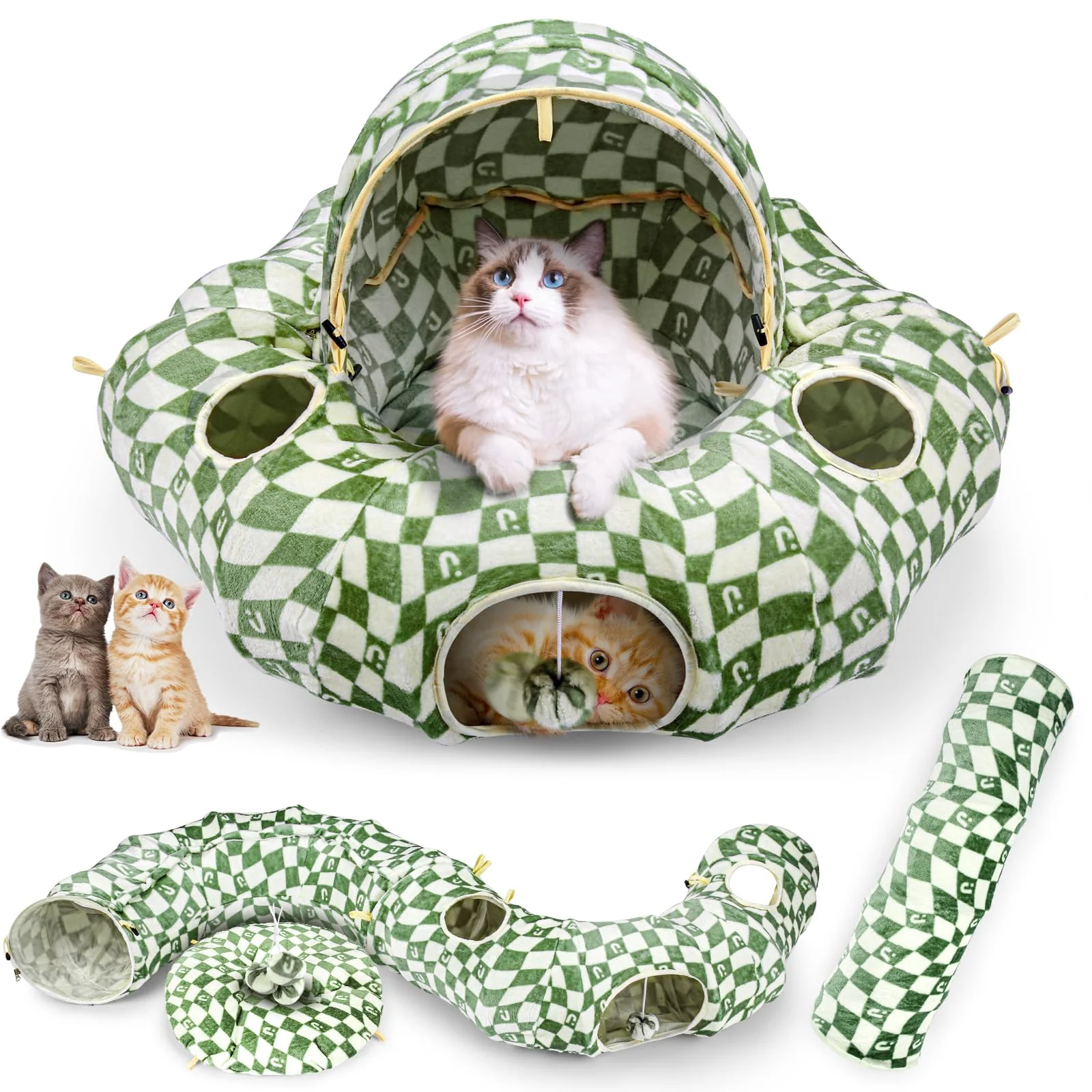 Natural OUHOU Cat Bed Tunnel Donut Toy — Collapsible Washable Cushion 6 Peek Holes 4 Balls Green Sustainable
