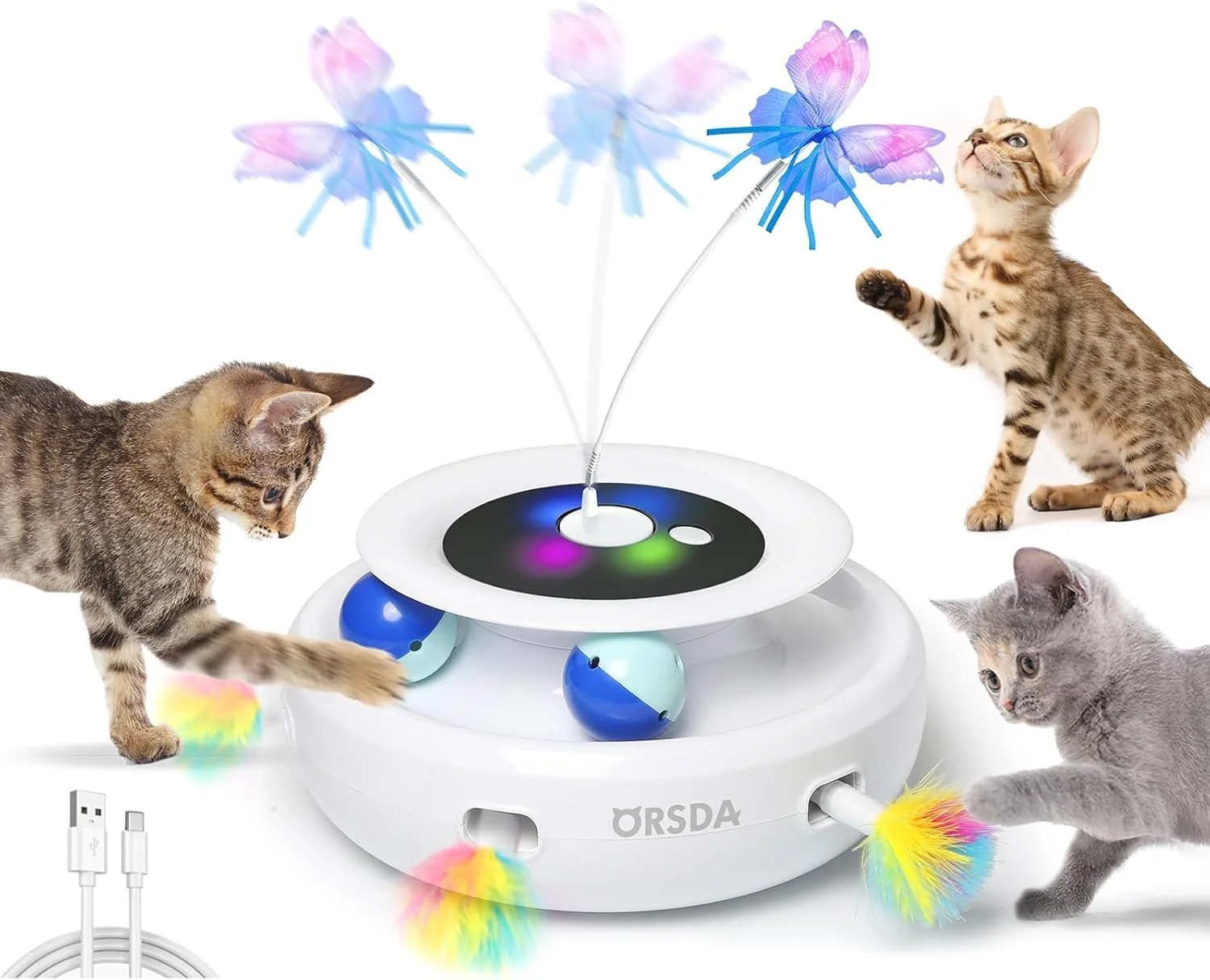 Outstanding ORSDA Cat Toy 3-in-1 Automatic Interactive Electronic Moving Ambush Feather Fluttering Butterfly Track Balls USB Rechargeable Powered Smart Indoor Exercise Kicker Eco-Friendly