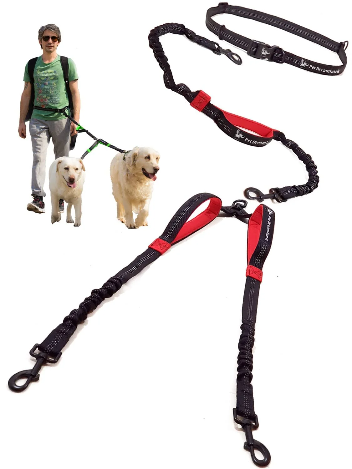 Optimized Pet Dreamland Hands- Double Leash for Two Large Dogs — No Tangle Fine