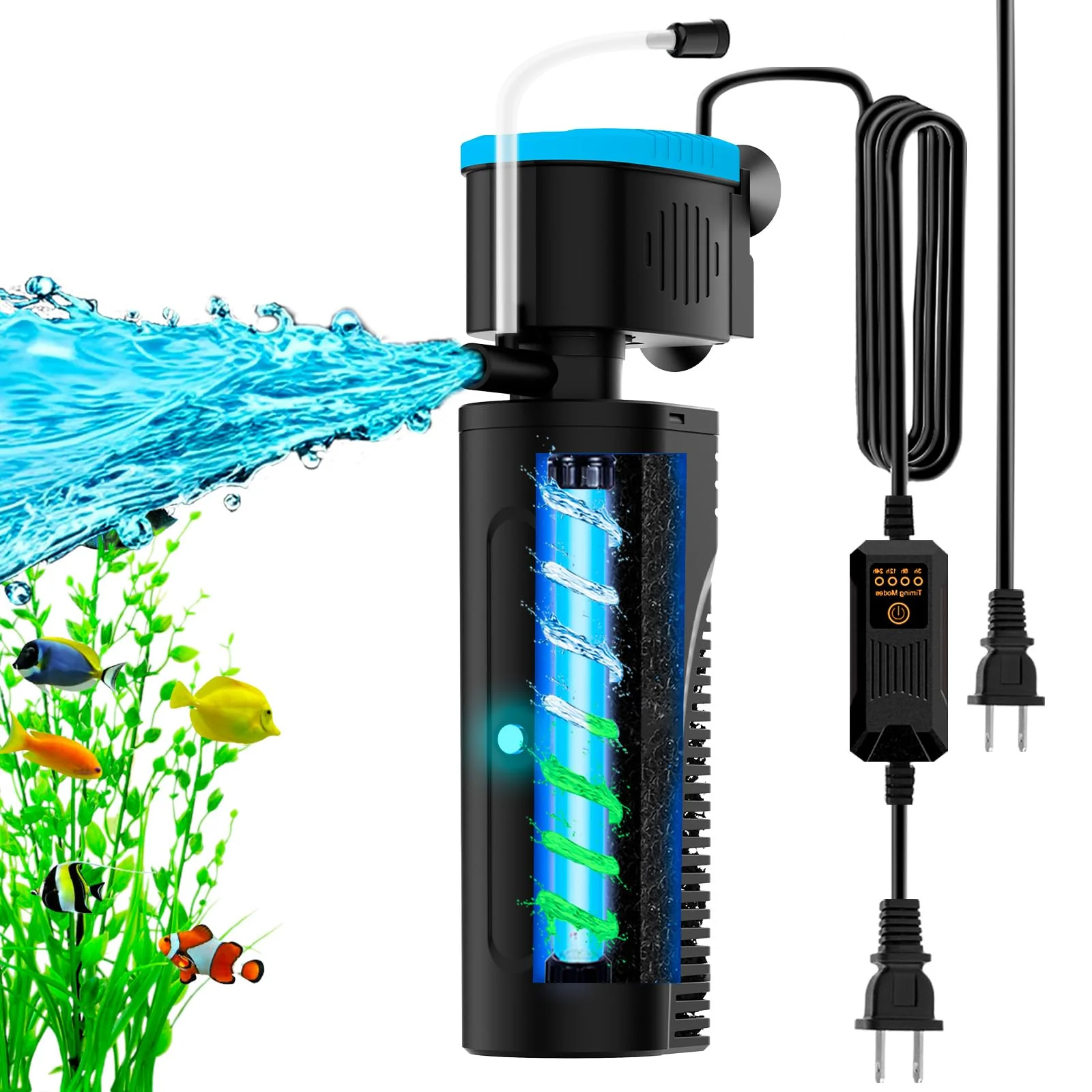 Safe VCRAZE U - V Aquarium Filter with Timer 3 6 12 24 Hours for 40-150 Gallon Tanks Versatile