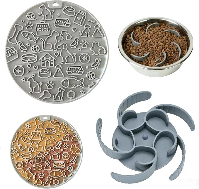 Recyclable 2-in-1 Dog Slow Feeder Insert and Lick Mat Set Silicone Pet Licking Pad with Suction Cups Slow Feeding Bowl Insert for Wet Dry Food GreyAbout ThisOverview Quality