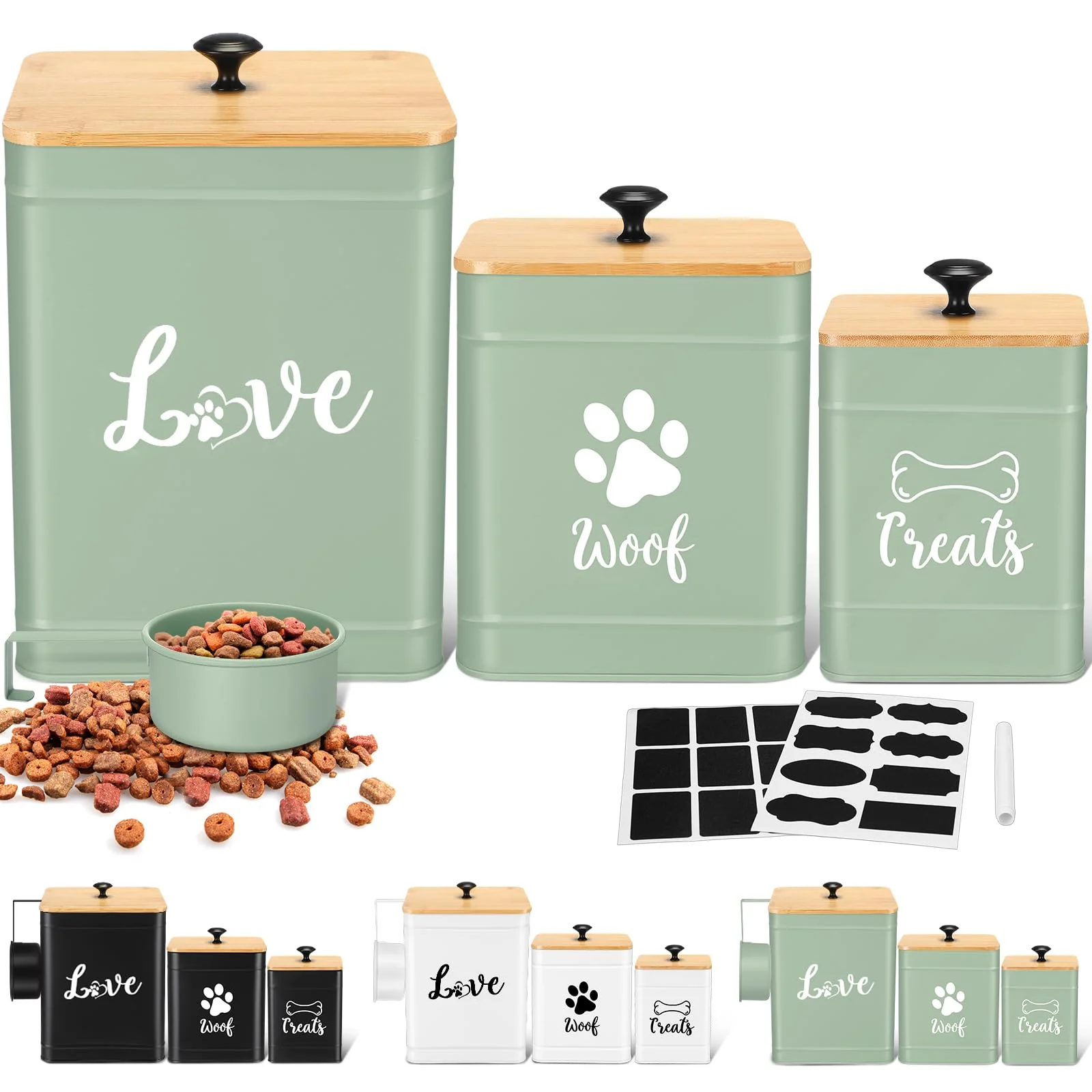 Professional Jingmore 3-Piece Metal Dog Treat Jars with Bamboo Lids – Airtight Sage Green Set Comfortable