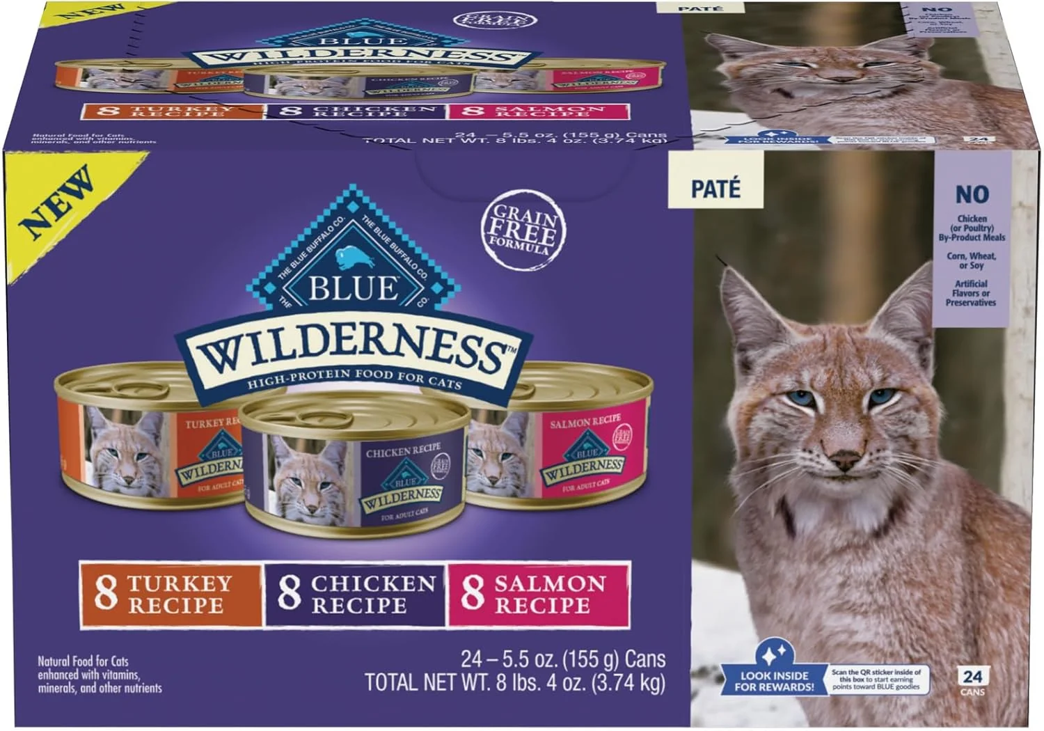Powerful Blue Buffalo Wilderness High Protein Natural Adult Pate Wet Cat Food Variety Pack Chicken Salmon Turkey 5.5-oz can 24 count - 8 of Each Flavor High-End