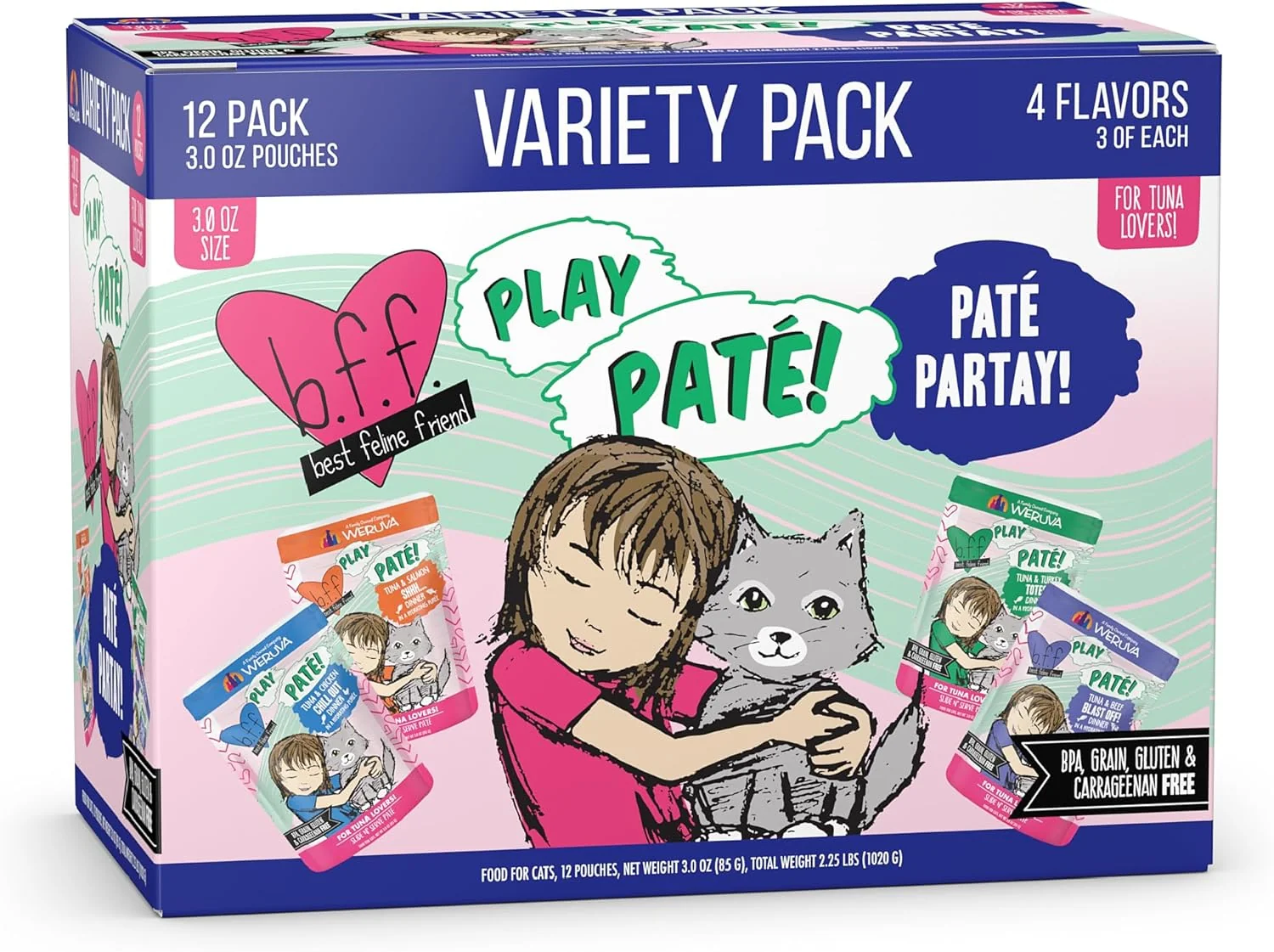 Luxury Weruva B.F.F. Play - Feline Friend Paté Lovers Aw Yeah Paté Partay Variety Pack 3oz Pouch Pack of 12 Green