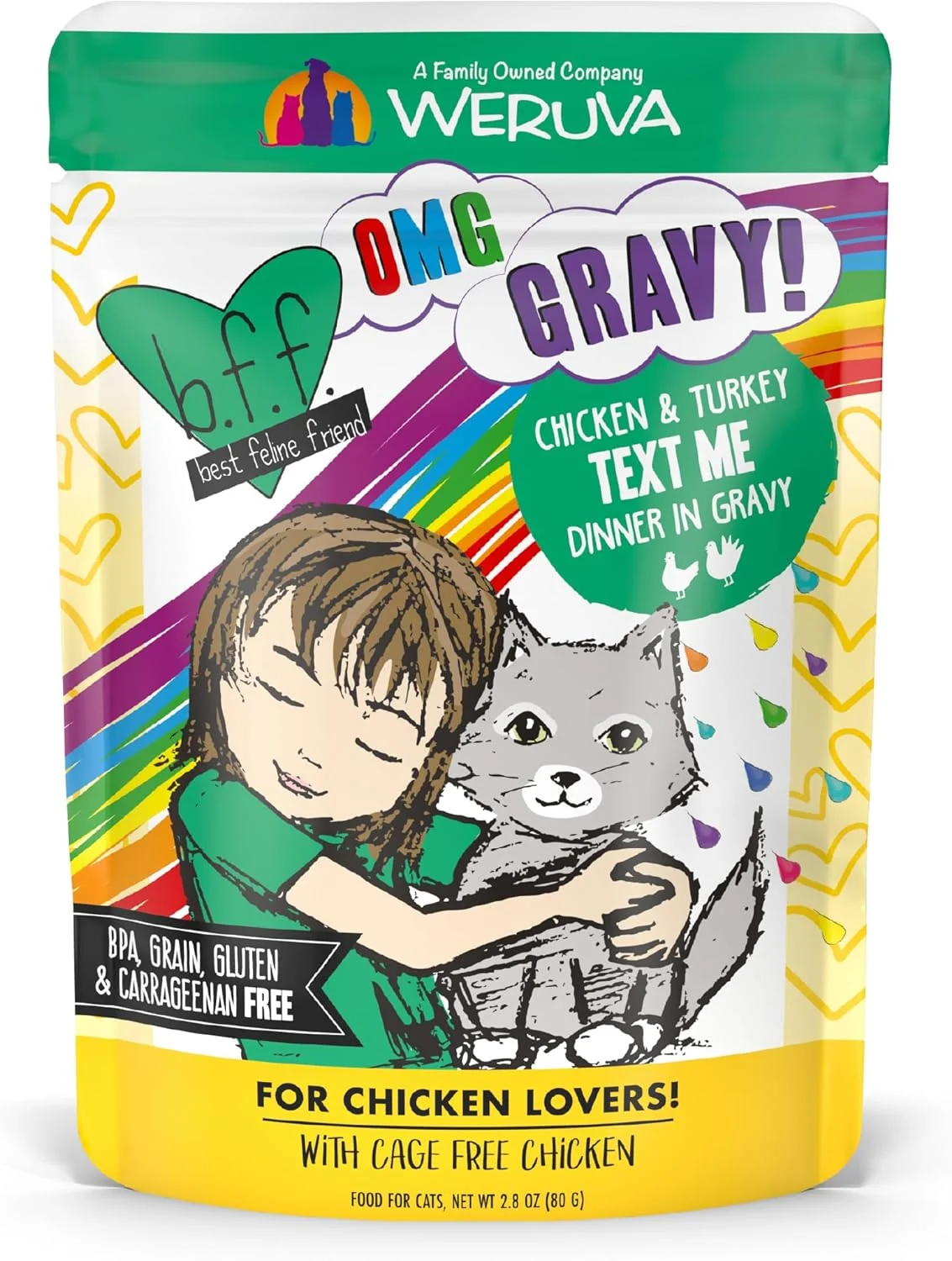 Refined Weruva B.F.F. OMG - Feline Friend Oh My Gravy Chicken Turkey Text Me with Chicken Turkey in Gravy 2.8oz Pouch Pack of 12 First-Class
