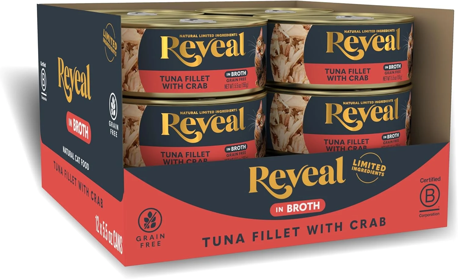 Expertly Made Reveal Natural Wet Cat Food 12 Count Grain Limited Ingredient Canned Food for Cats Tuna Fillet with Crab in Broth 5.5 oz Cans Safe