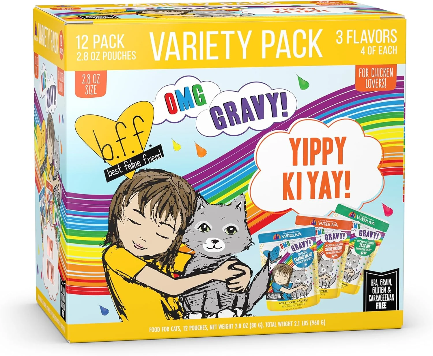 Green Weruva B.F.F. OMG - Feline Friend Oh My Gravy Yippy Ki Yay Yellows Variety Pack 2.8oz Pouch Pack of 12 Responsible