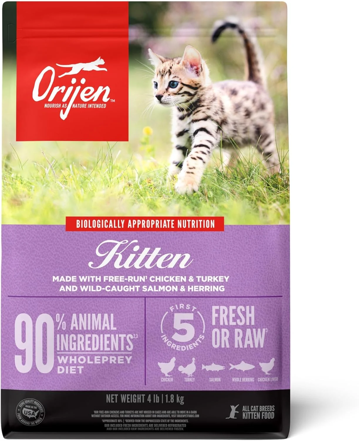 Fine Crafted ORIJEN Grain High Protein Premium Dry Cat Food Kitten Recipe 4lb Bag High-Grade