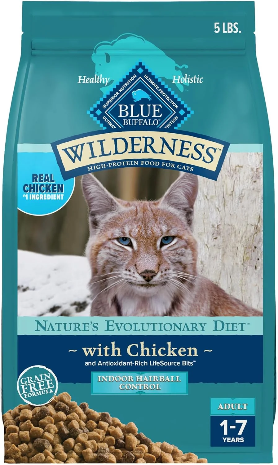 Original Blue Buffalo Wilderness High Protein Indoor Hairball Control Chicken Dry Cat Food for Adult Cats Grain- 5 lb. Bag Powerful