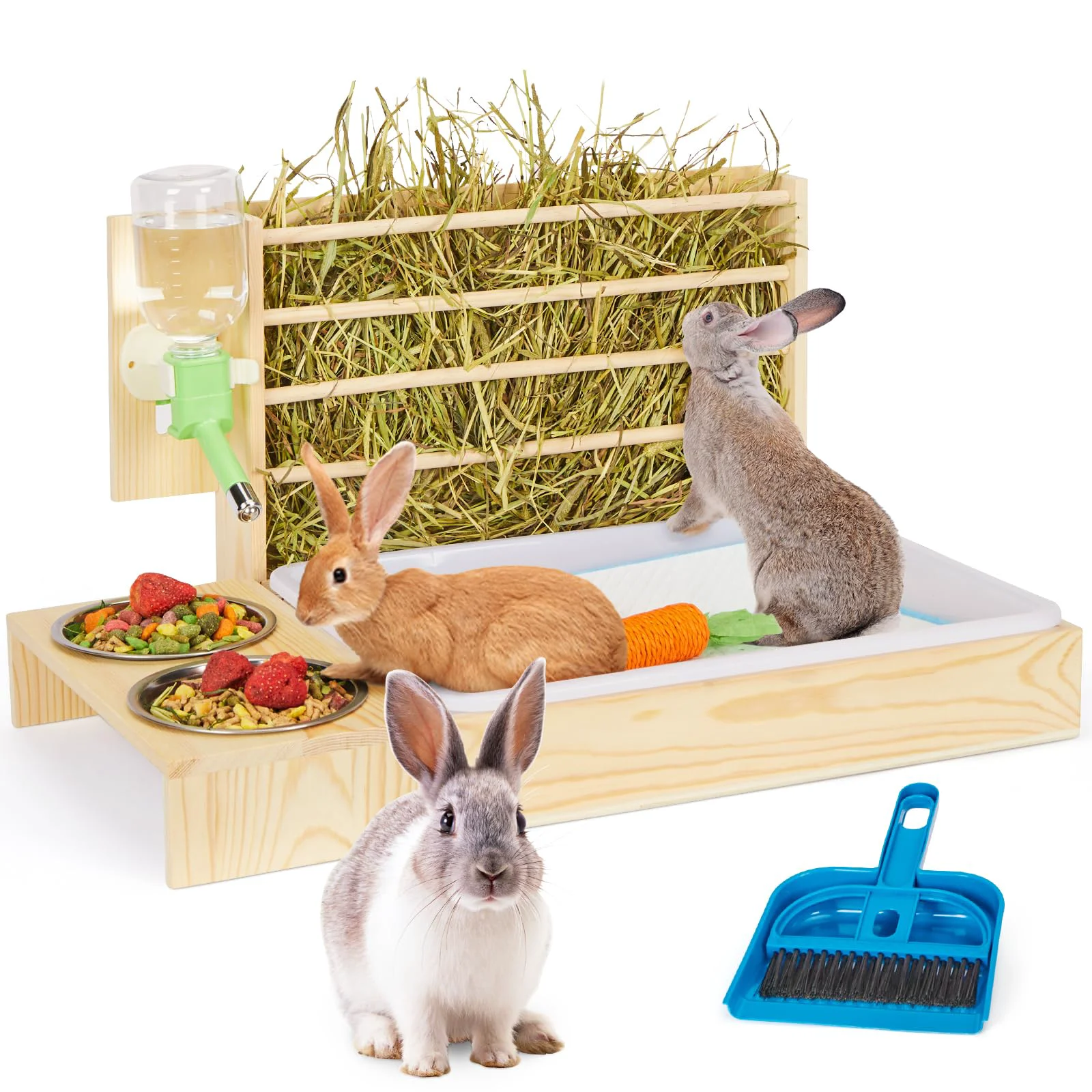 Innovative UNMOONY 4-in-1 Rabbit Hay Feeder with Litter Box Wooden Small Animal Habitat Sophisticated