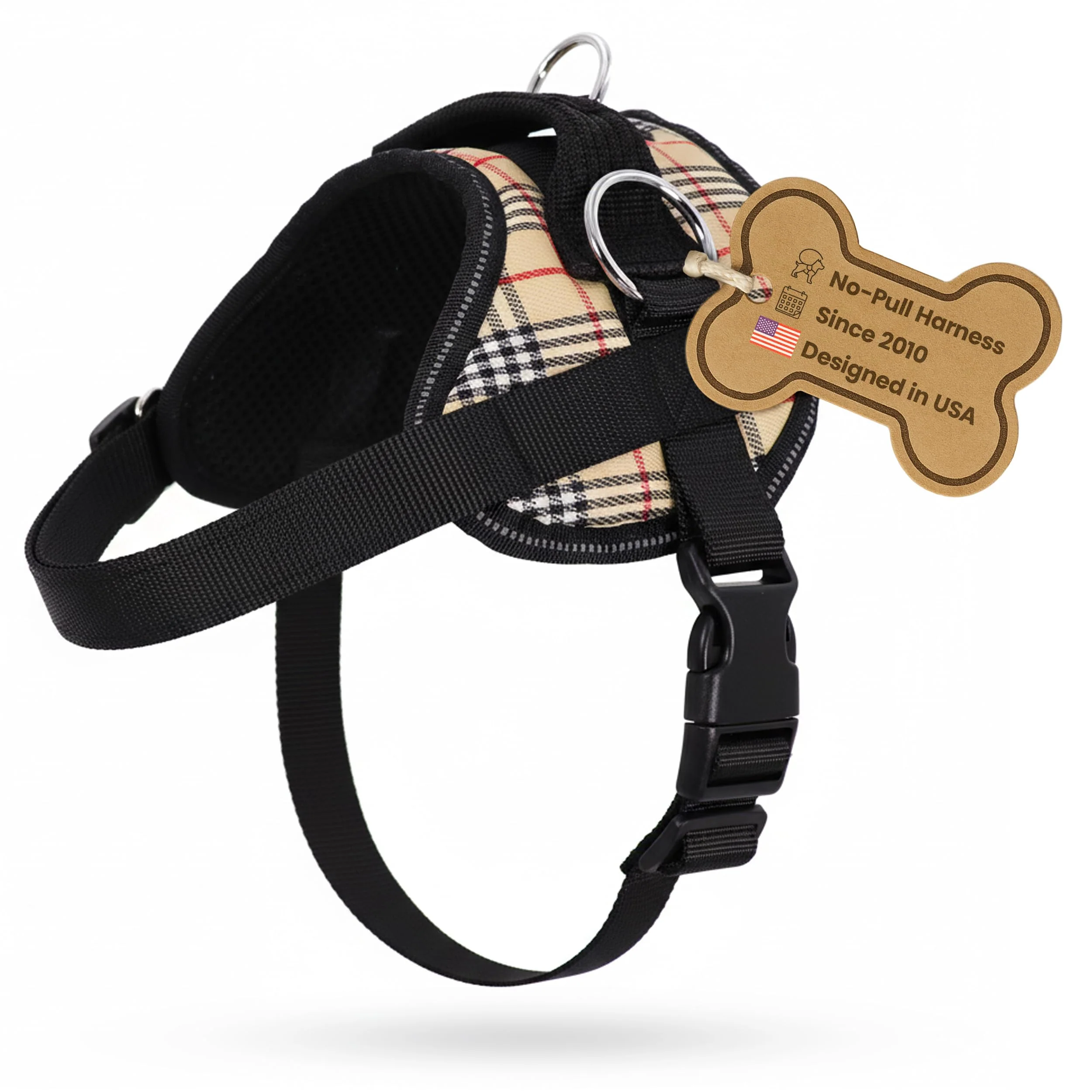 Contemporary Bark Appeal Tan Plaid No-Pull Harness for Small Dogs – Adjustable Vest with 3 Leash Clips Reflective Safety High-Quality
