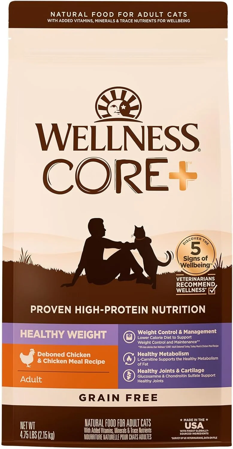 Expertly Made Wellness CORE Adult Dry Cat Food for Indoor Outdoor Cats Grain Natural Healthy Weight Chicken and Chicken Meal 4.75 Pound Bag Functional
