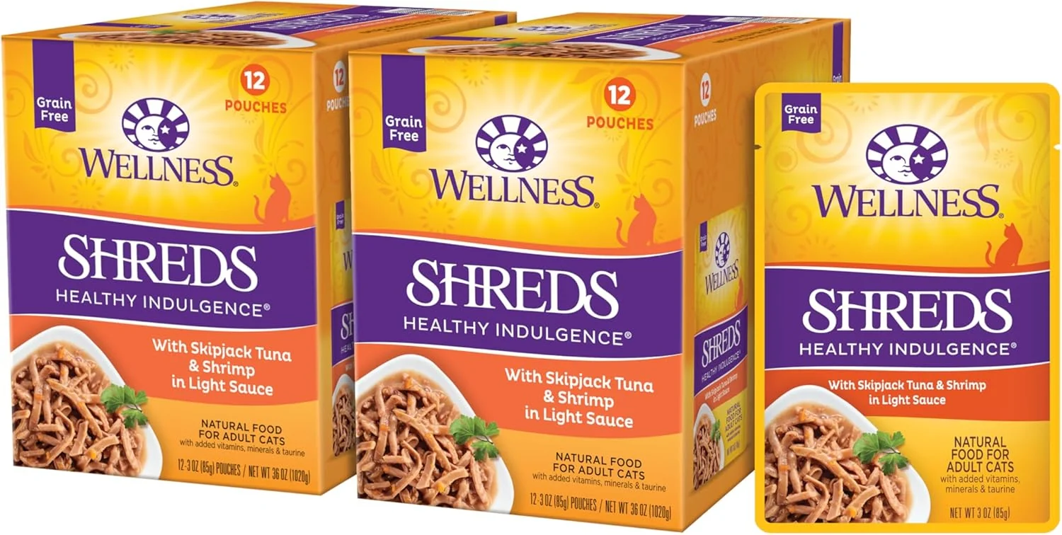 Selected Wellness Healthly Indulgence Shreds Adult Wet Cat Food Natural Protein-Rich Grain 3 Ounce Pouch 24 Pack Tuna Shrimp Advanced
