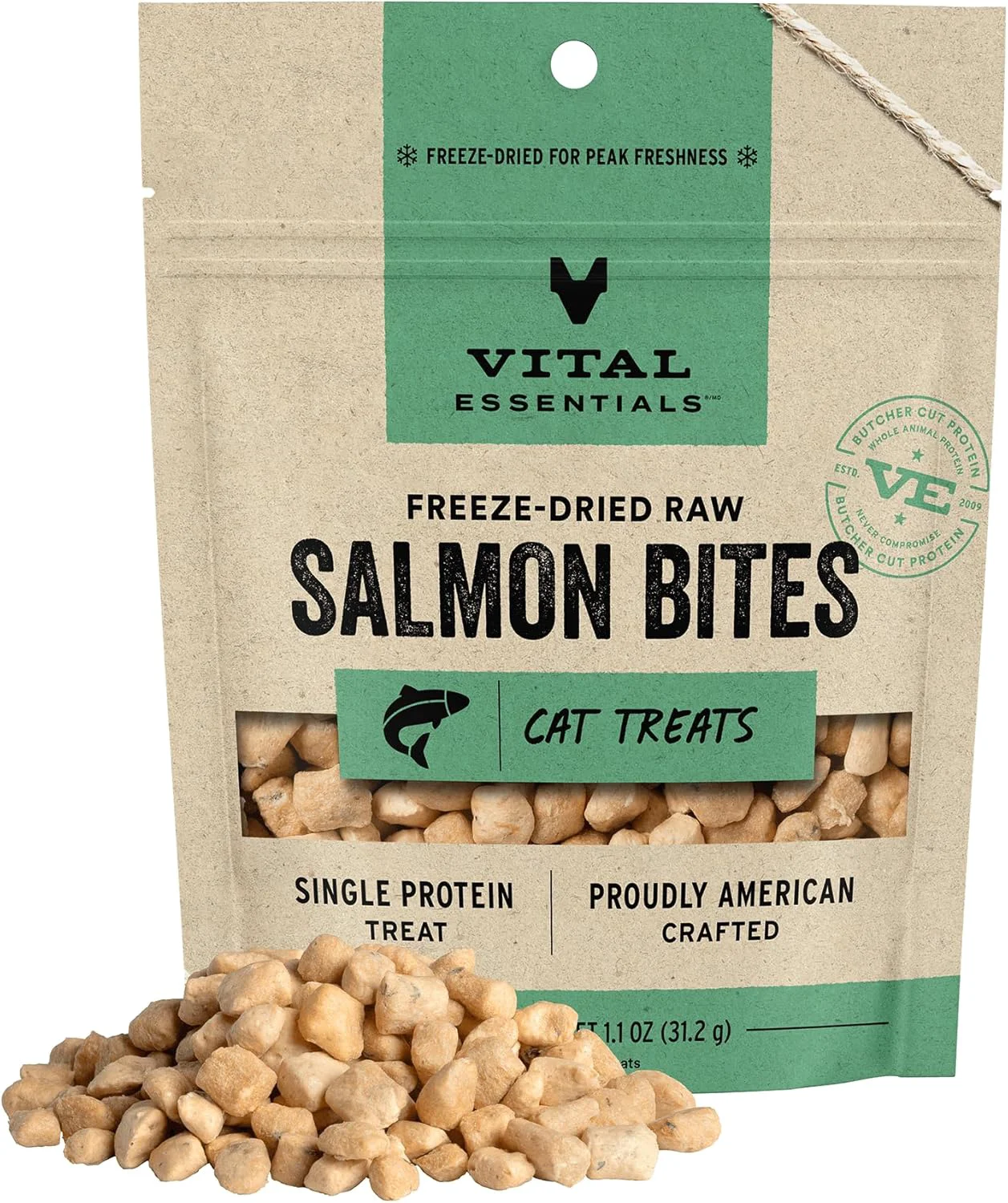 Genuine Vital Essentials Salmon Bites Cat Treats 1.1 oz ze-Dried Raw Single Protein Grain Gluten Filler Specialty