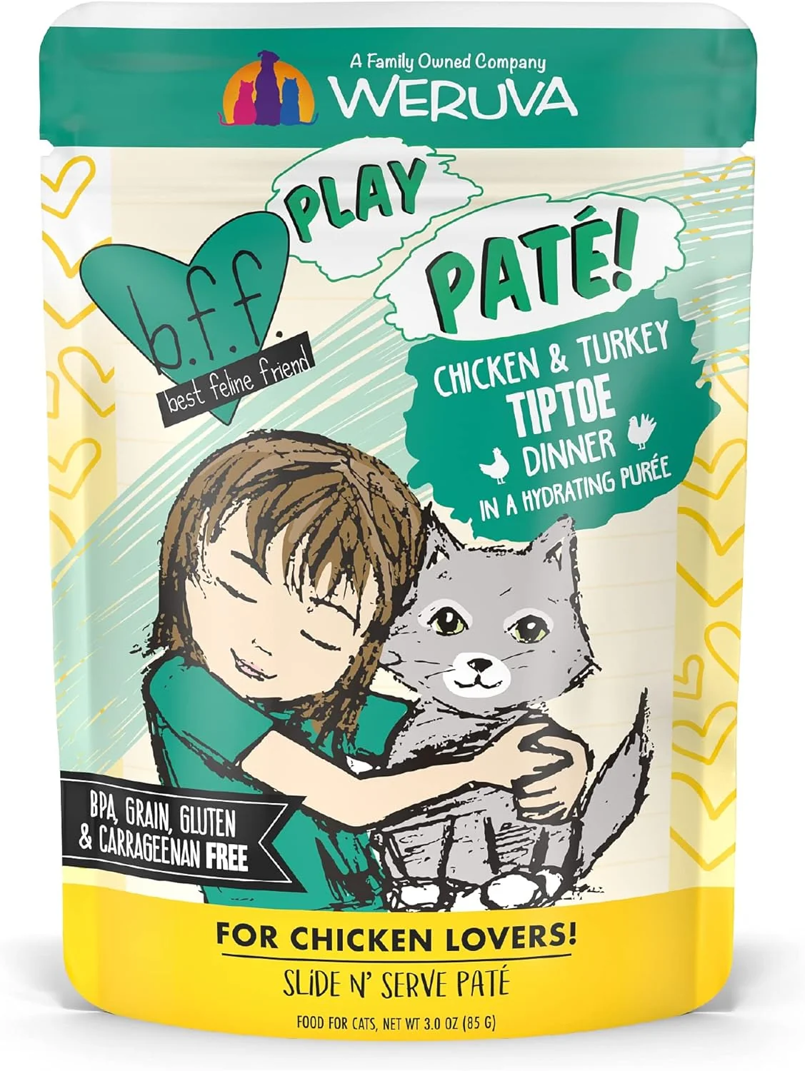 Practical B.F.F. PLAY - Feline Friend Paté Lovers Aw Yeah Chicken Turkey Tiptoe with Chicken Turkey 3oz Pouch Pack of 12 Long-Lasting