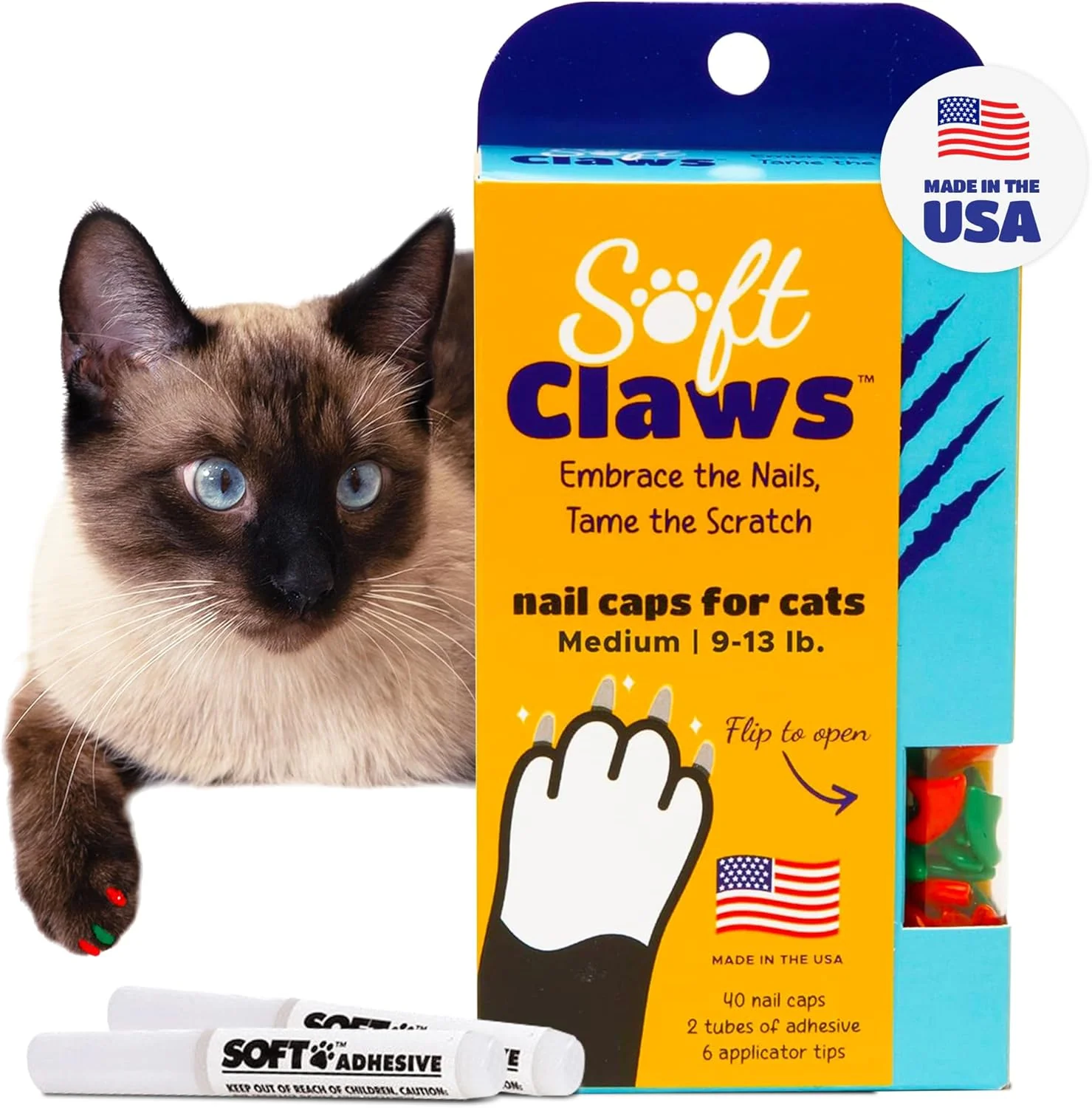 Comfortable Soft Claws Cat Nail Caps for Medium Cats – 40 Caps Red Green - Made in USA - Veterinarian-Developed Protects Furniture Skin - Easy to Apply Long-Lasting Anti-Scratch Soft Cat Claw Covers User-Friendly