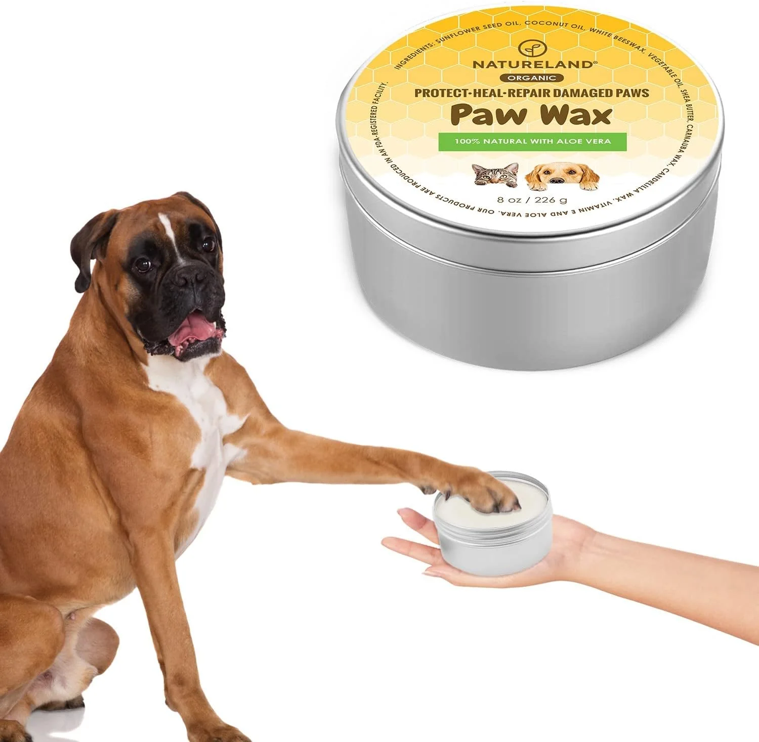Safe 8 OZ Natureland Organic Paw Wax for Dogs and Cats Natural Outdoor Protection to Heal Repair and Protect Dry Chapped or Rough Pads Helps Protects Paws on Snow Sand or Dirt 8 OZ Reusable