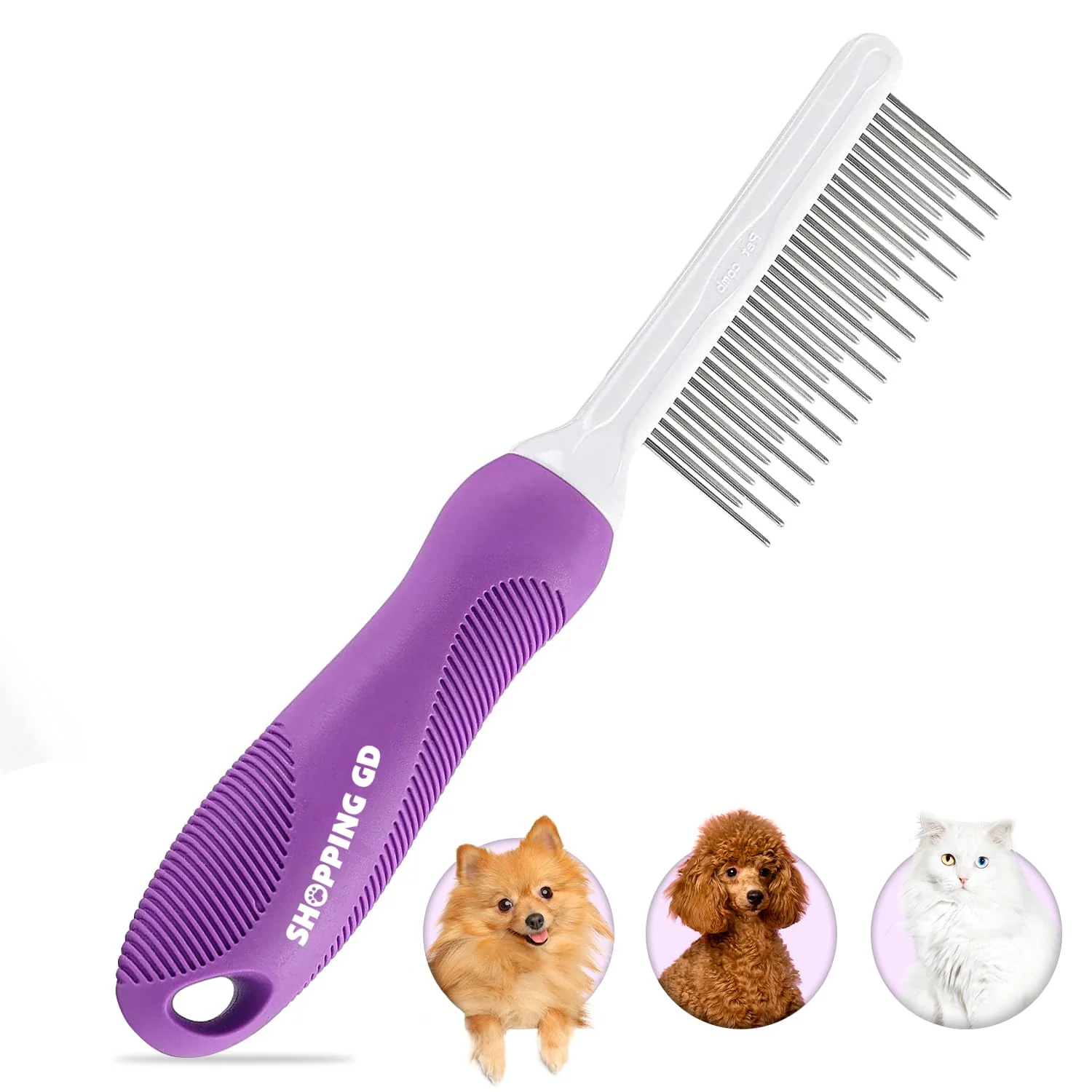 Reusable Detangling Pet Comb for Dogs Cats with Long Short Stainless Steel Metal Teeth for Removes Tangles and Knots - Detangler Grooming Tool for Dematting Matted Fur. Natural