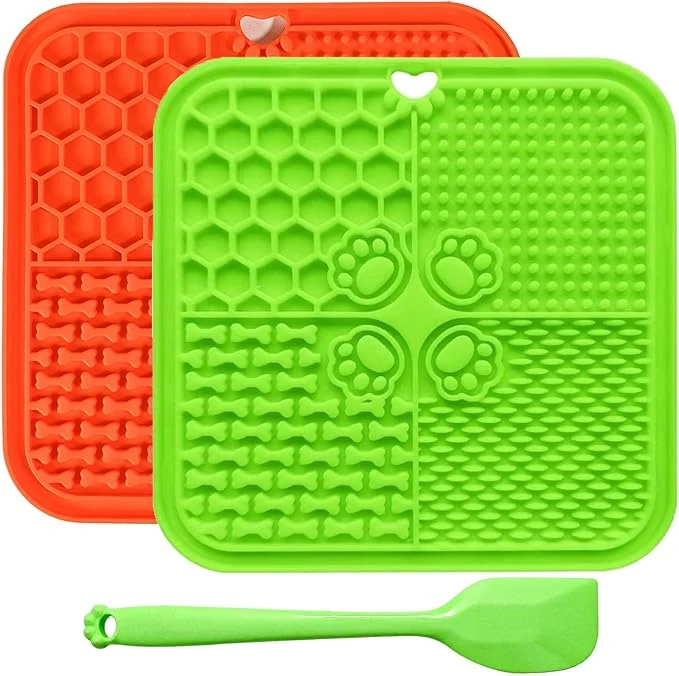 High-Grade Dog Lick Mat with Suction Cups Lick Mat for Dogs Pet Food Mats and Slow Feeder Cat Bowl for Dog Anxiety Relief Pet Enrichment Toys for Bathing Station and Cat Grooming 2 Pack Green Orange About ThisOverview Soft