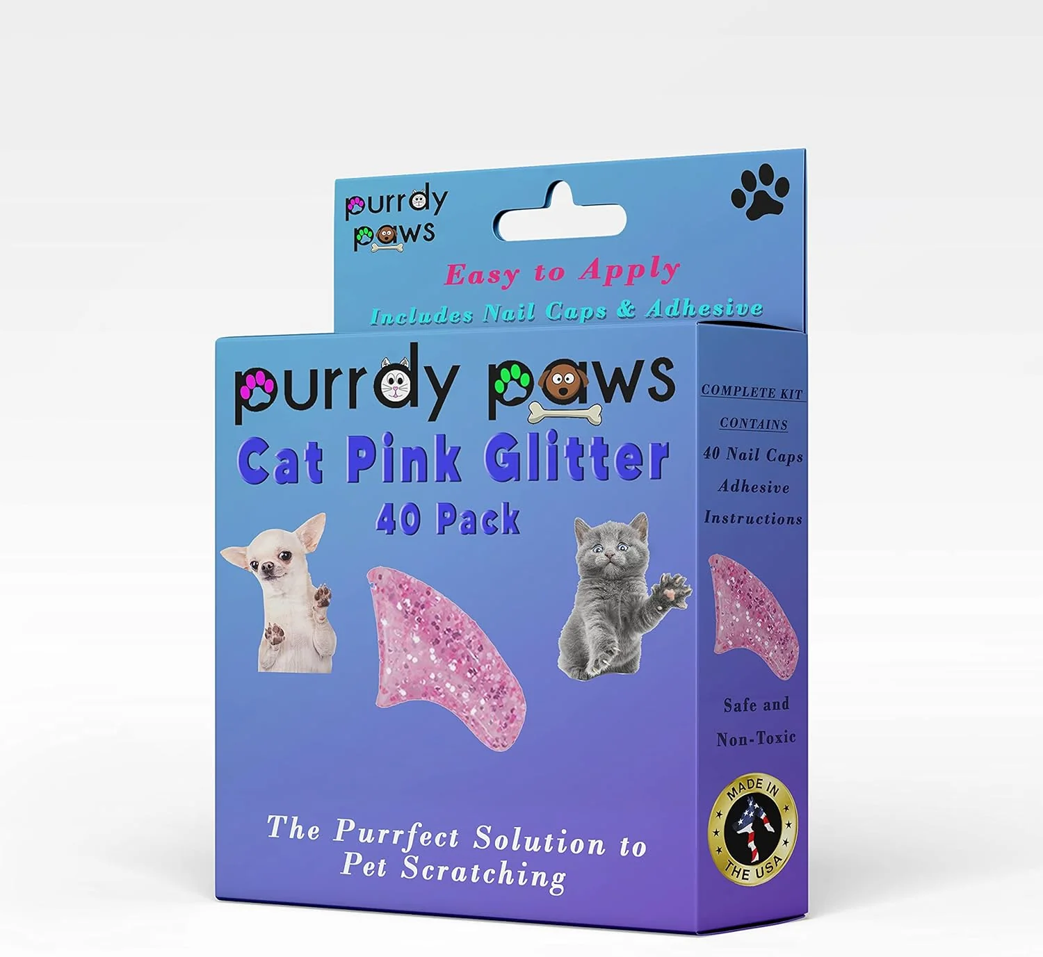 Crafted 40 Pack Soft Nail Caps for Cat Claws Pink Glitter Small Enhanced