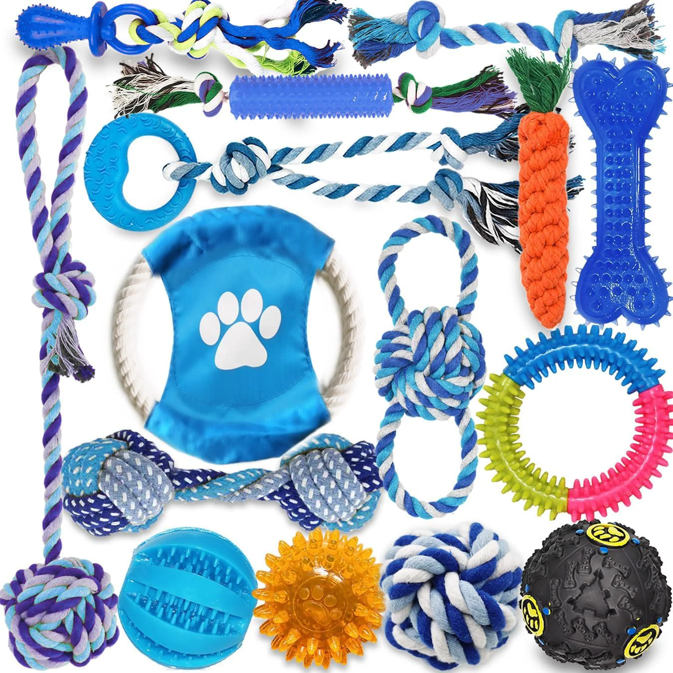 Smooth Dog Toys 15 Pack for Teeth Cleaning and Fun Puppy Teething Chew Toys Interactive Rope Squeaky Treat Balls Rubber Tous Bulk– Variety Dog Gifts Set Reduce Anxiety Save Furniture Reusable