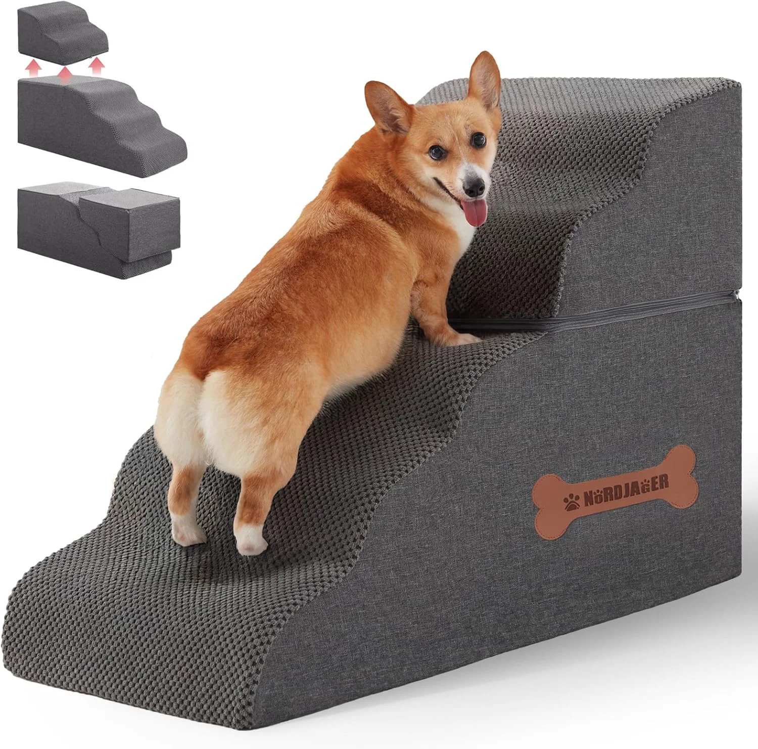 Fine 5-Step Spliceable Pet Stairs Indoor Outdoor Multi-Use with a Removable Cover and a Pocket for Small Pets and Older Dogs Who Has Spine and Arthritis Issues to Get on High Beds Grey（22.8 H Consistent